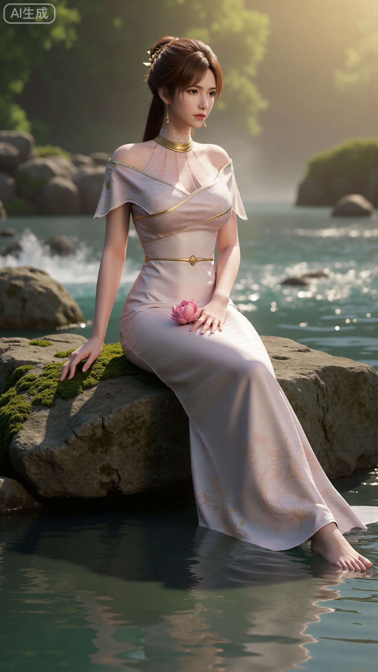 (masterpiece:1.3), ultra-detailed, 8k, photorealistic, best quality, cinematic lighting, volumetric sunlight, soft shadows, subsurface scattering, depth of field,  
A stunning young woman sits gracefully barefoot on a moss-covered rock beside a crystal-clear stream in a tranquil forest. The sunlight filters through the trees, casting dappled golden light on her smooth skin and the rippling water.  
She wears an exquisite long dress with fine pink and gold embroidery across the chest and short sleeves. Her long, dark hair flows naturally over her shoulders, softly illuminated by the warm light.  
Her bare feet touch the cool moss and shallow water, adding a sense of intimacy and realism. One hand rests gently on her hip, while the other holds a blooming lotus flower, her expression calm and serene.  
Mist rises gently from the water, with reflections dancing on the surface, creating a peaceful, ethereal atmosphere.  
(background with mossy stones, flowing stream, forest sunlight, soft haze, and gentle reflections:1.6), (realistic skin texture:1.3), (natural color tones:1.3), (film look:1.2)
(huge breasts:2.99),(full breasts:2.99),,
,XbaifengsongyuYH,Xbigbreasts,,XtianqiongYH,XhanyunzhiXYH,XanmyXY,XmupeilingX,XmupeilingX2,Xchangtui,XmuplXY,XmupeilingXY2,XanmiaoyiXY,XchuxuanerXZ,XxuxinXZ,XchuxuanerXG