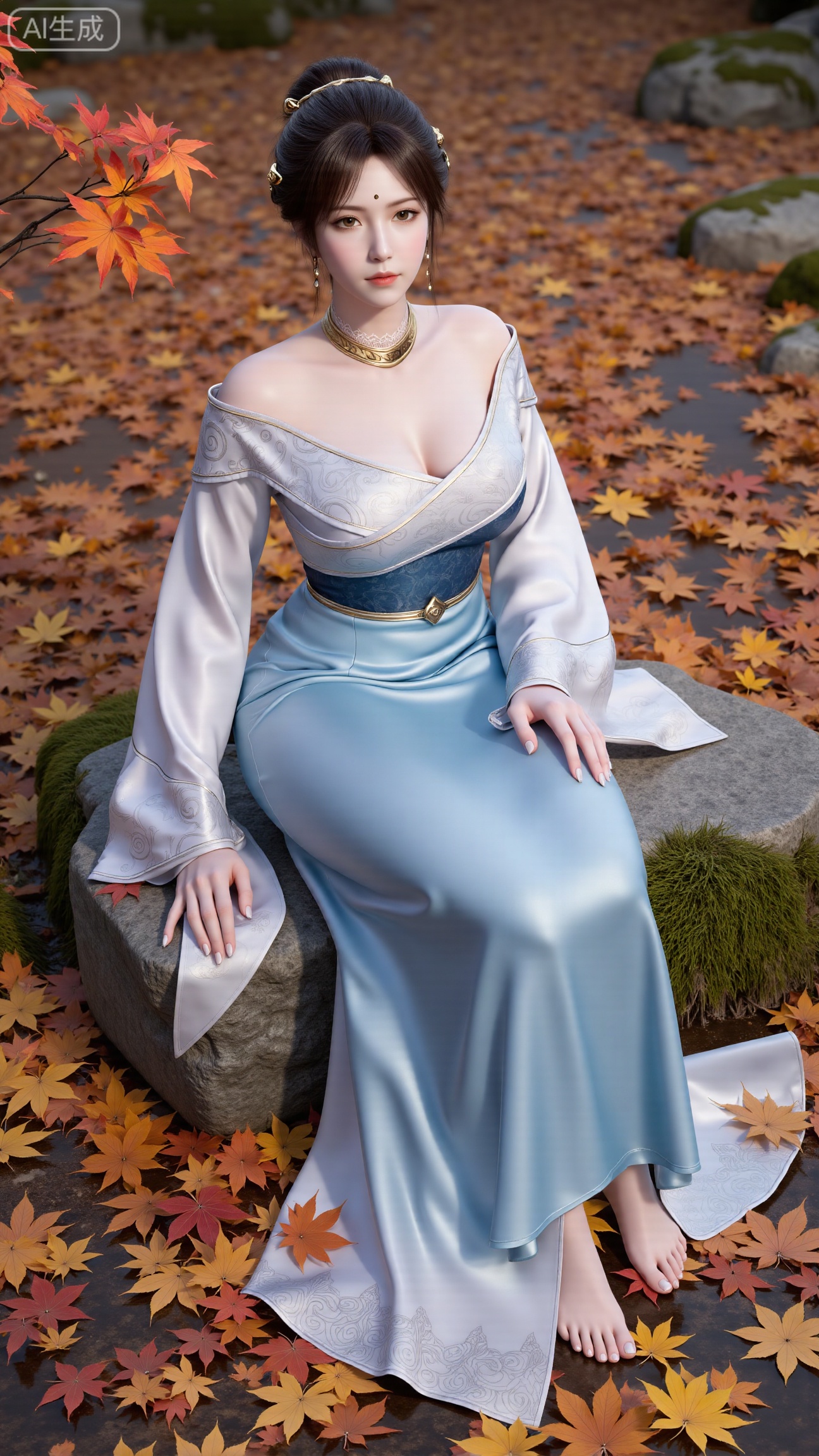 A beautiful woman seated on a stone,  barefoot with a close - up of her feet. Taken from a low - angle perspective. Overal...