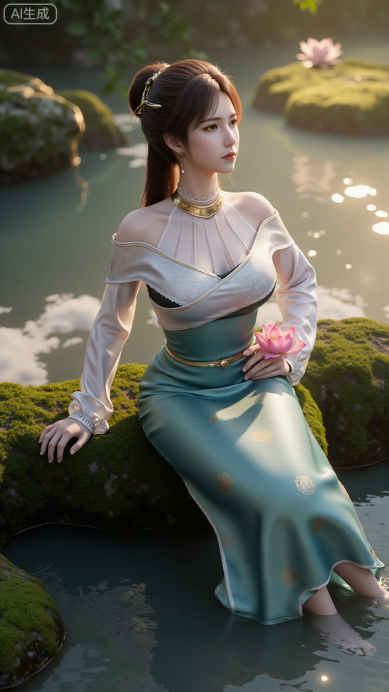 (masterpiece:1.3), ultra-detailed, 8k, photorealistic, best quality, cinematic lighting, volumetric sunlight, soft shadows, subsurface scattering, depth of field, A stunning young woman sits gracefully barefoot on a moss-covered rock beside a crystal-clear stream in a tranquil forest. The sunlight filters through the trees, casting dappled golden light on her smooth skin and the rippling water. She wears an exquisite long dress with fine pink and gold embroidery across the chest and short sleeves. Her long, dark hair flows naturally over her shoulders, softly illuminated by the warm light. Her bare feet touch the cool moss and shallow water, adding a sense of intimacy and realism. One hand rests gently on her hip, while the other holds a blooming lotus flower, her expression calm and serene. Mist rises gently from the water, with reflections dancing on the surface, creating a peaceful, ethereal atmosphere. (background with mossy stones, flowing stream, forest sunlight, soft haze, and gentle reflections:1.6), (realistic skin texture:1.3), (natural color tones:1.3), (film look:1.2) (huge breasts:2.99),(full breasts:2.99),,Xbigbreasts,XbaifengsongyuYH,XliuyuYH2,XanmyXM,XlanxianYH,XtianqiongYH,Xxiantainvzi,Xchangtui,XmupeilingX2,XanmyXY,XmuplXY,XmupeilingXY2,XchuxuanerXG,XxuxinXZ,XchuxuanerXZ