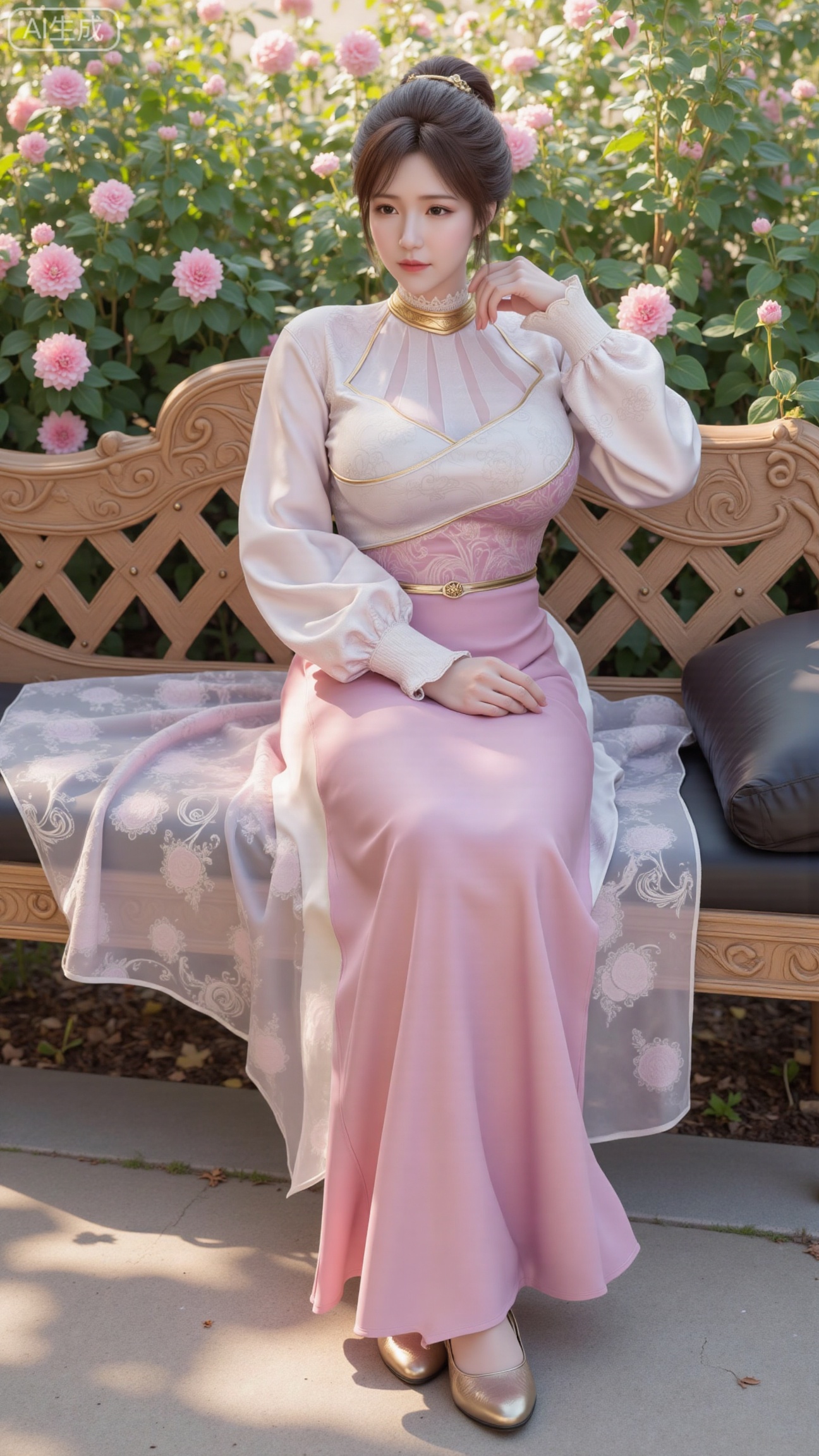 (masterpiece, best quality:1.2),A beauty ,(long hanfu dress), high heels,, paired with a sheer knitted cardigan and Mary Jane shoes. Leaning on a garden bench filled with macaron - colored flowers,.Sunlight filters through the leaves onto her face, creating a lazy and gentle atmosphere, and her skirt sways softly in the breeze. 8K resolution, detailed texture of knitted fabric, lustrous pearl texture, vivid flower colors, soft natural light, Instagram - style filter texture.,(huge breasts:2.99),(full breasts:2.99),,Xbigbreasts,XbaifengsongyuYH,XliuyuYH2,XanmyXM,XlanxianYH,XtianqiongYH,Xxiantainvzi,Xchangtui,XmupeilingX2,XanmyXY,XmuplXY,XmupeilingXY2,XchuxuanerXG,XxuxinXZ,XchuxuanerXZ