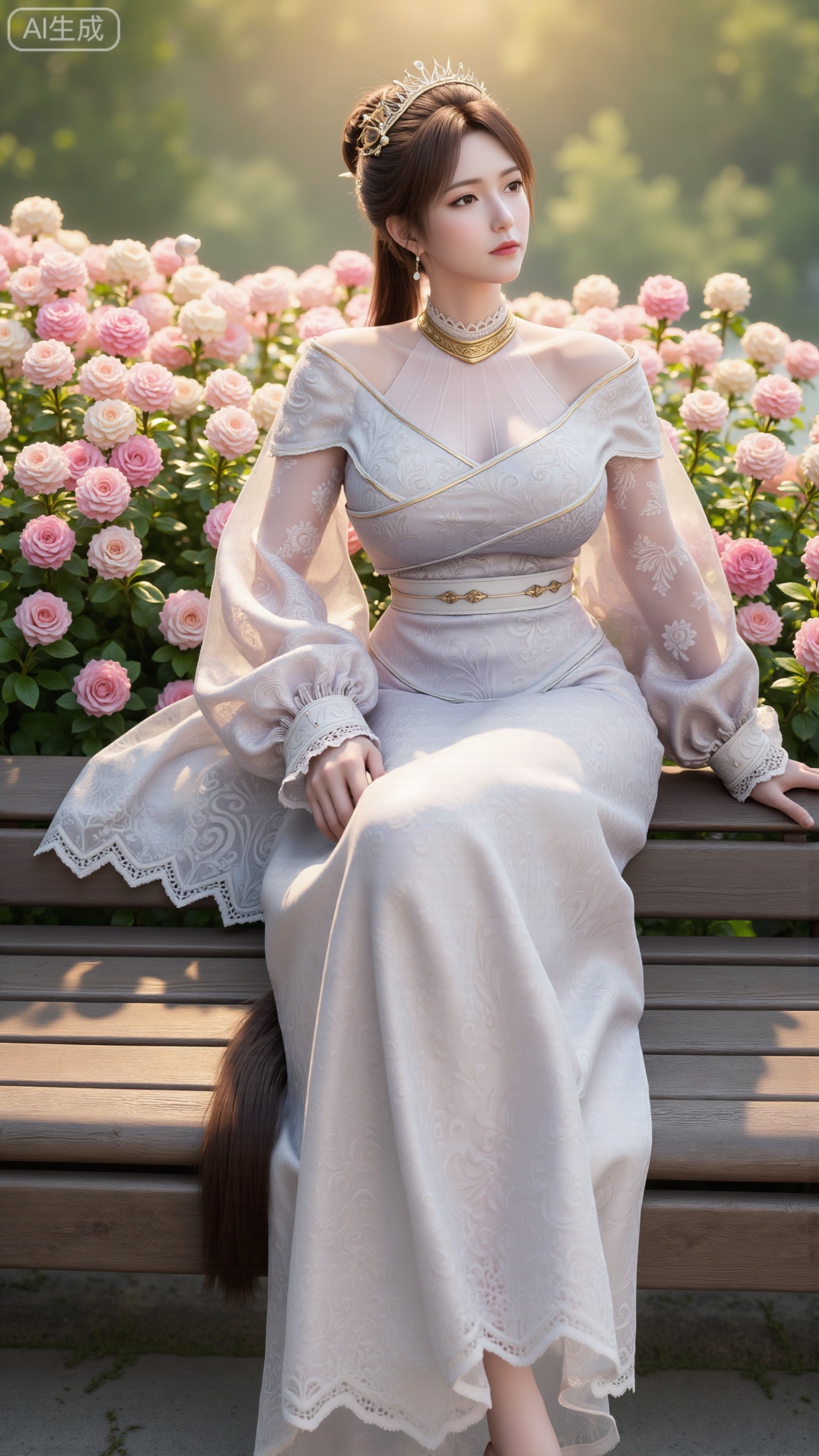 (masterpiece, best quality:1.2),A beauty ,(long hanfu dress), high heels,, paired with a sheer knitted cardigan and Mary Jane shoes. Leaning on a garden bench filled with macaron - colored flowers,.Sunlight filters through the leaves onto her face, creating a lazy and gentle atmosphere, and her skirt sways softly in the breeze. 8K resolution, detailed texture of knitted fabric, lustrous pearl texture, vivid flower colors, soft natural light, Instagram - style filter texture.,(huge breasts:2.99),(full breasts:2.99),,Xbigbreasts,XbaifengsongyuYH,XliuyuYH2,XanmyXM,XlanxianYH,XtianqiongYH,Xxiantainvzi,Xchangtui,XmupeilingX2,XanmyXY,XmuplXY,XmupeilingXY2,XchuxuanerXG,XxuxinXZ,XchuxuanerXZ