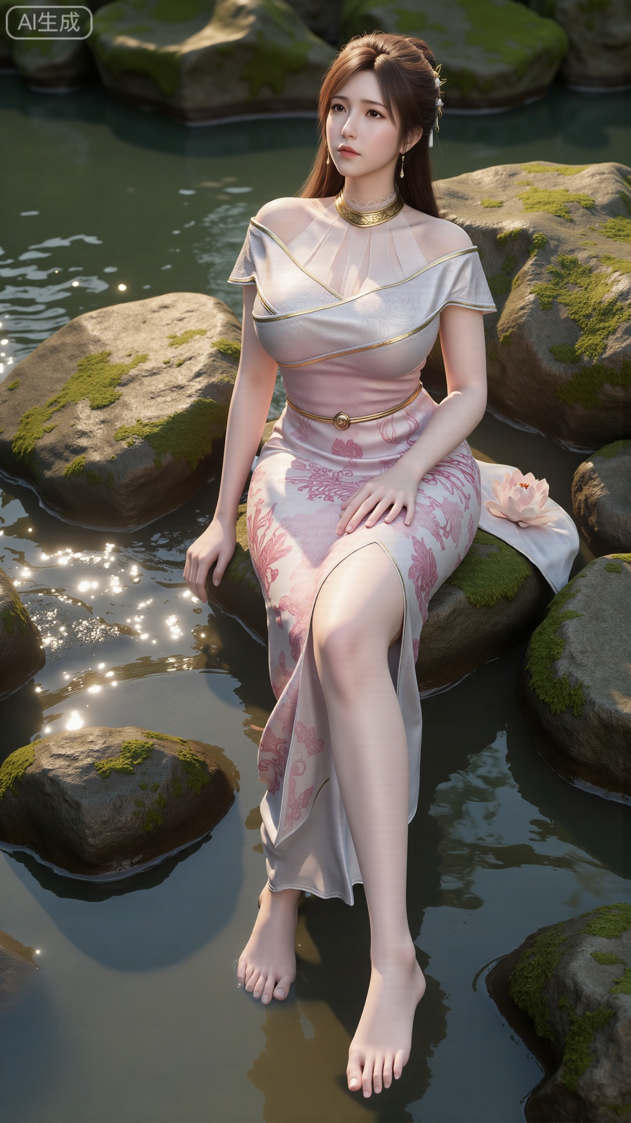 (masterpiece:1.3), ultra-detailed, 8k, photorealistic, best quality, cinematic lighting, volumetric sunlight, soft shadows, subsurface scattering, depth of field, A stunning young woman sits gracefully barefoot on a moss-covered rock beside a crystal-clear stream in a tranquil forest. The sunlight filters through the trees, casting dappled golden light on her smooth skin and the rippling water. She wears an exquisite long dress with fine pink and gold embroidery across the chest and short sleeves. Her long, dark hair flows naturally over her shoulders, softly illuminated by the warm light. Her bare feet touch the cool moss and shallow water, adding a sense of intimacy and realism. One hand rests gently on her hip, while the other holds a blooming lotus flower, her expression calm and serene. Mist rises gently from the water, with reflections dancing on the surface, creating a peaceful, ethereal atmosphere. (background with mossy stones, flowing stream, forest sunlight, soft haze, and gentle reflections:1.6), (realistic skin texture:1.3), (natural color tones:1.3), (film look:1.2) (huge breasts:2.99),(full breasts:2.99),,Xbigbreasts,XbaifengsongyuYH,XliuyuYH2,XanmyXM,XlanxianYH,XtianqiongYH,Xxiantainvzi,Xchangtui,XmupeilingX2,XanmyXY,XmuplXY,XmupeilingXY2,XchuxuanerXG,XxuxinXZ,XchuxuanerXZ