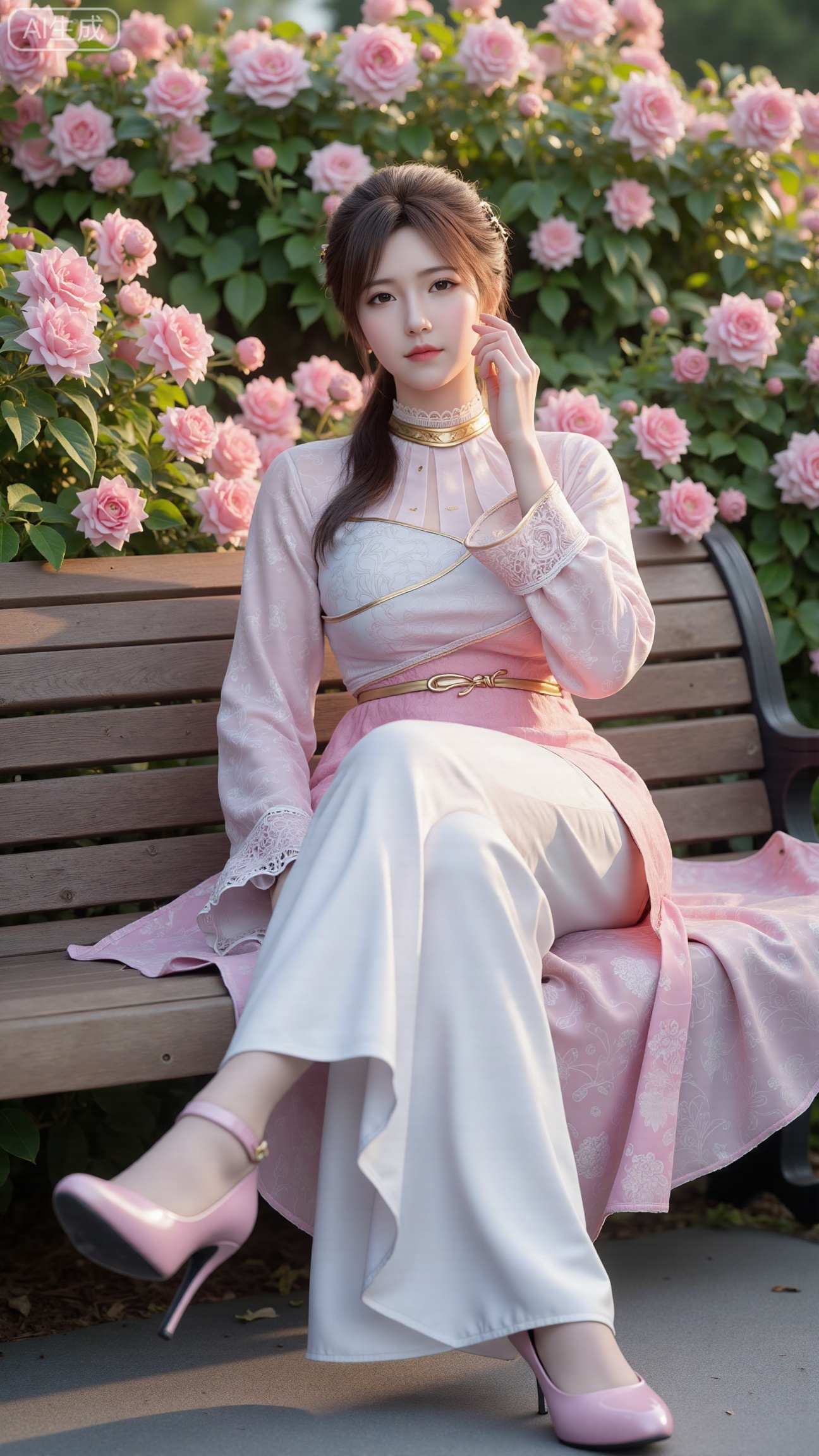 (masterpiece, best quality:1.2),A beauty ,(long hanfu dress), high heels,, paired with a sheer knitted cardigan and Mary Jane shoes. Leaning on a garden bench filled with macaron - colored flowers,.Sunlight filters through the leaves onto her face, creating a lazy and gentle atmosphere, and her skirt sways softly in the breeze. 8K resolution, detailed texture of knitted fabric, lustrous pearl texture, vivid flower colors, soft natural light, Instagram - style filter texture.,(huge breasts:2.99),(full breasts:2.99),,Xbigbreasts,XbaifengsongyuYH,XliuyuYH2,XanmyXM,XlanxianYH,XtianqiongYH,Xxiantainvzi,Xchangtui,XmupeilingX2,XanmyXY,XmuplXY,XmupeilingXY2,XchuxuanerXG,XxuxinXZ,XchuxuanerXZ