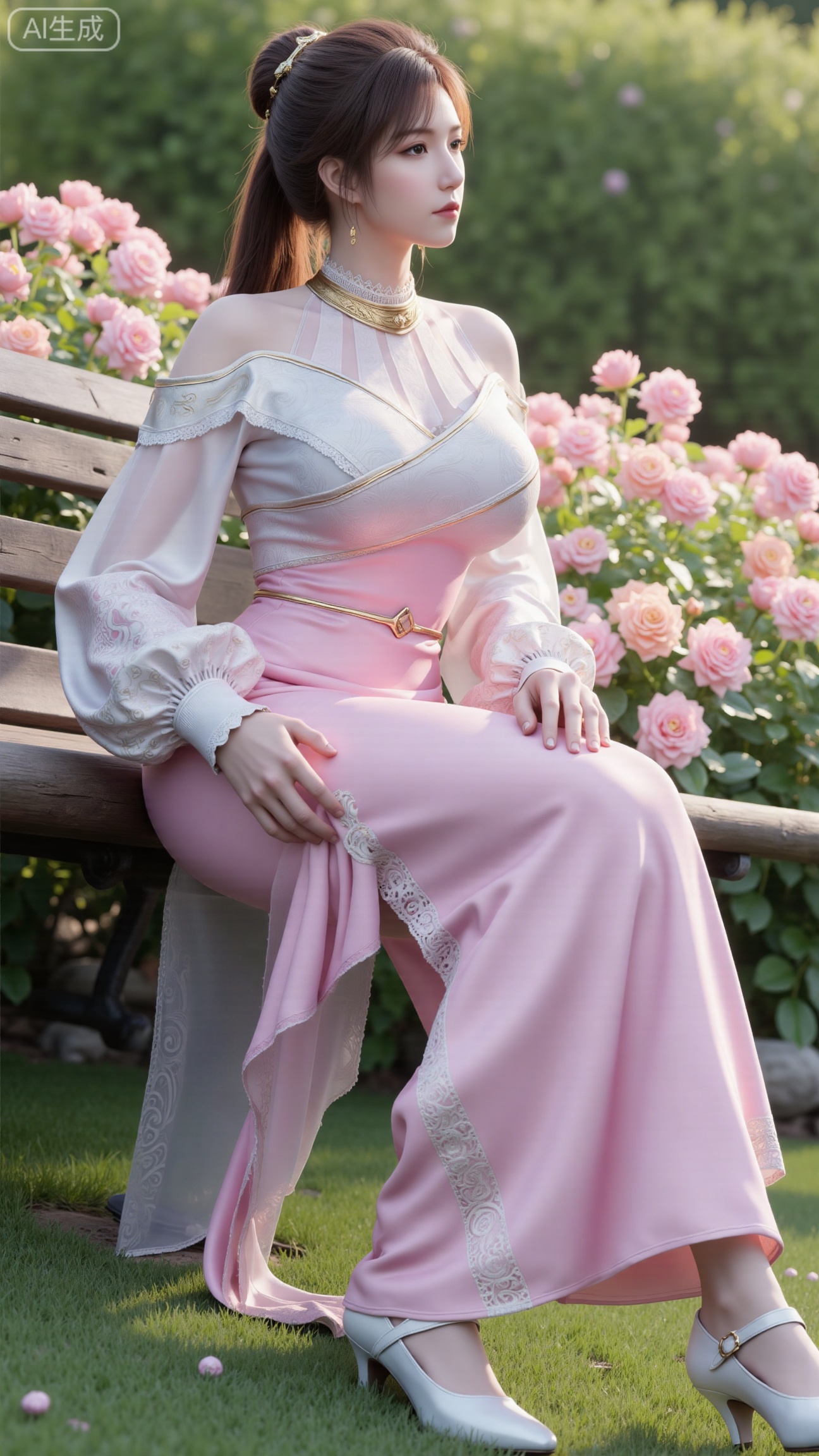 (masterpiece, best quality:1.2),A beauty ,(long hanfu dress), high heels,, paired with a sheer knitted cardigan and Mary Jane shoes. Leaning on a garden bench filled with macaron - colored flowers,.Sunlight filters through the leaves onto her face, creating a lazy and gentle atmosphere, and her skirt sways softly in the breeze. 8K resolution, detailed texture of knitted fabric, lustrous pearl texture, vivid flower colors, soft natural light, Instagram - style filter texture.,(huge breasts:2.99),(full breasts:2.99),,Xbigbreasts,XbaifengsongyuYH,XliuyuYH2,XanmyXM,XlanxianYH,XtianqiongYH,Xxiantainvzi,Xchangtui,XmupeilingX2,XanmyXY,XmuplXY,XmupeilingXY2,XchuxuanerXG,XxuxinXZ,XchuxuanerXZ