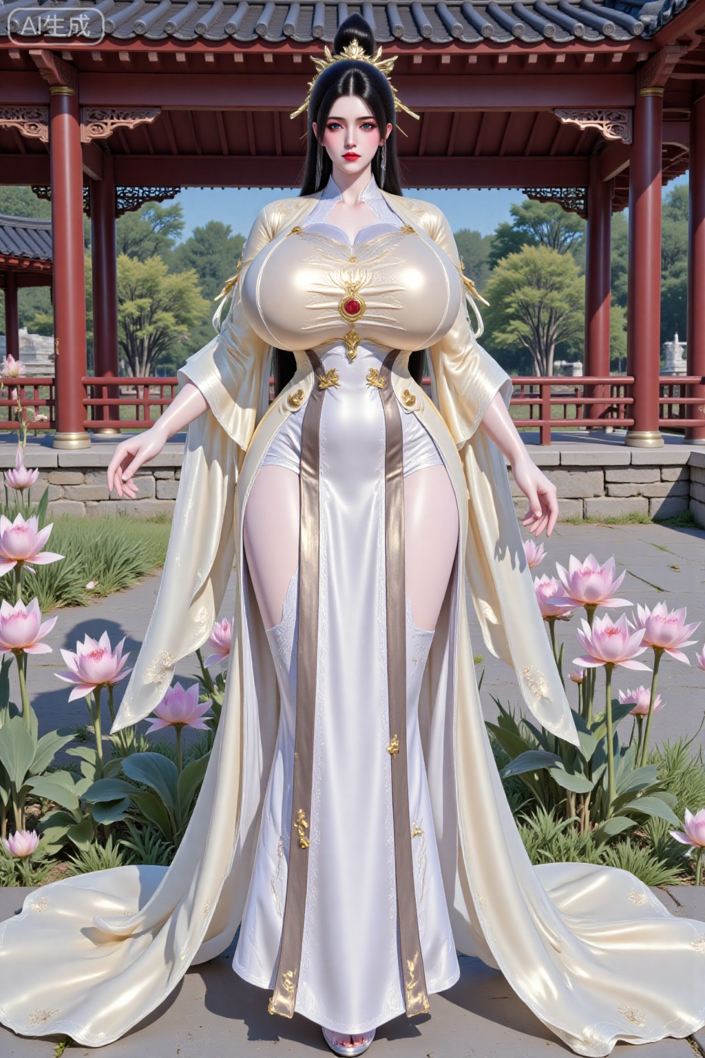 Danfengyi,1girl,solo,standing,Rmengling,long hair,curvy,mature female,breasts,large breasts,huge breasts,hair ornament,makeup,In an ancient Chinese garden,flowers,petals,shot from behind,hanfu dress,DTCmy,Hugebr,LXQ-ba,