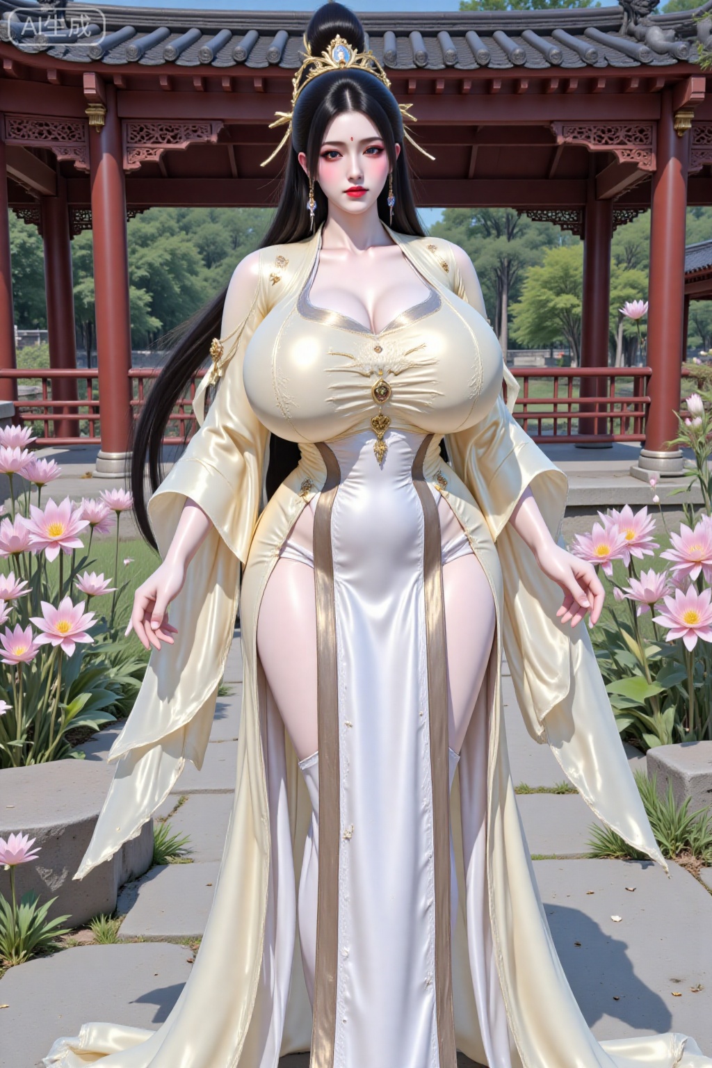 Danfengyi,1girl,solo,standing,Rmengling,long hair,curvy,mature female,breasts,large breasts,huge breasts,hair ornament,makeup,In an ancient Chinese garden,flowers,petals,shot from behind,hanfu dress,DTCmy,Hugebr,LXQ-ba,