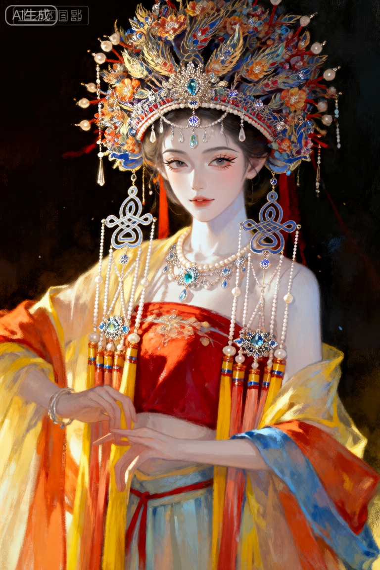 这幅画描绘了一个穿着传统服装的人,可能是受到东亚文化的启发。每个人都戴着精心设计的头饰,包括花卉图案和悬挂的装饰品。头饰以一颗中央宝石装饰,并由一串珍珠和其他装饰元素补充。这个人穿着充满活力的多色服装,包括一件红色上衣和一件黄色、橙色和蓝色的飘逸裙子。背景是黑暗的,用聚光灯照亮人物,创造出戏剧性的效果。整体构图暗示了一个仪式或节日场合。
