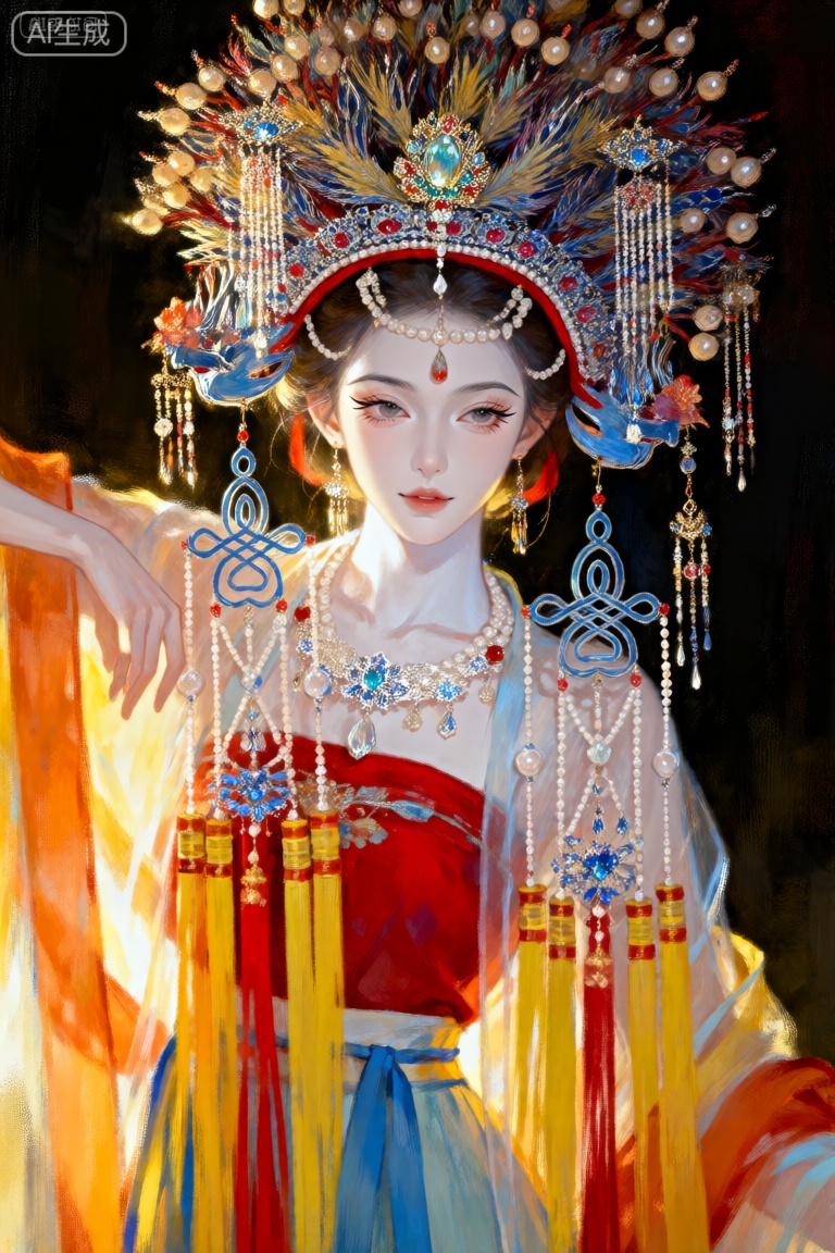这幅画描绘了一个穿着传统服装的人,可能是受到东亚文化的启发。每个人都戴着精心设计的头饰,包括花卉图案和悬挂的装饰品。头饰以一颗中央宝石装饰,并由一串珍珠和其他装饰元素补充。这个人穿着充满活力的多色服装,包括一件红色上衣和一件黄色、橙色和蓝色的飘逸裙子。背景是黑暗的,用聚光灯照亮人物,创造出戏剧性的效果。整体构图暗示了一个仪式或节日场合。
