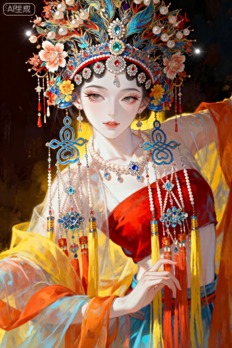 这幅画描绘了一个穿着传统服装的人,可能是受到东亚文化的启发。每个人都戴着精心设计的头饰,包括花卉图案和悬挂的装饰品。头饰以一颗中央宝石装饰,并由一串珍珠和其他装饰元素补充。这个人穿着充满活力的多色服装,包括一件红色上衣和一件黄色、橙色和蓝色的飘逸裙子。背景是黑暗的,用聚光灯照亮人物,创造出戏剧性的效果。整体构图暗示了一个仪式或节日场合。
