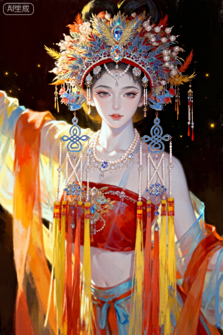 这幅画描绘了一个穿着传统服装的人,可能是受到东亚文化的启发。每个人都戴着精心设计的头饰,包括花卉图案和悬挂的装饰品。头饰以一颗中央宝石装饰,并由一串珍珠和其他装饰元素补充。这个人穿着充满活力的多色服装,包括一件红色上衣和一件黄色、橙色和蓝色的飘逸裙子。背景是黑暗的,用聚光灯照亮人物,创造出戏剧性的效果。整体构图暗示了一个仪式或节日场合。
