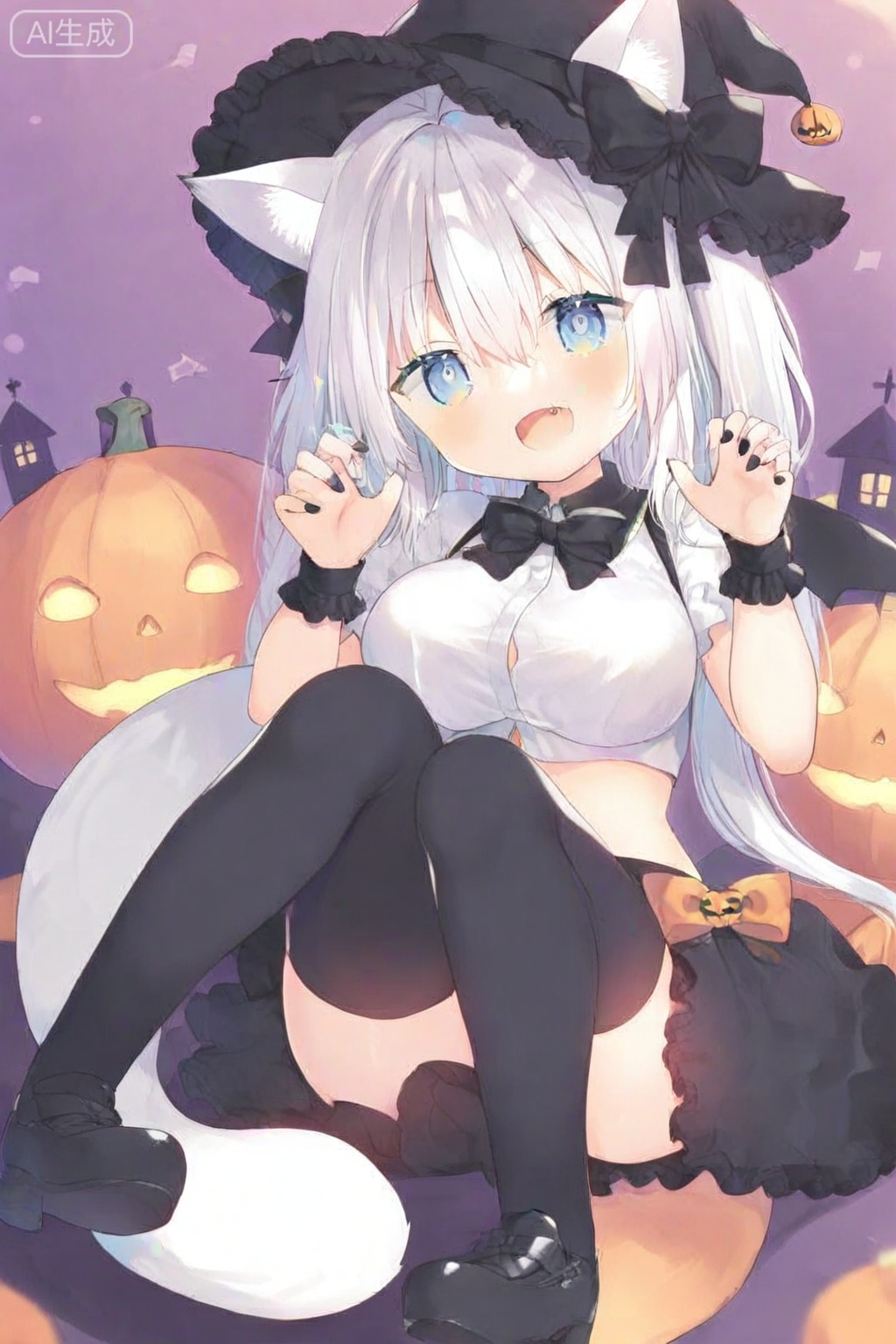1girl, solo, catgirl, cat ears, white hair, animal ear fluff, animal ears, blue eyes, big tail, medium breasts, white tail, raccoon tail, big tail, big breasts, 
looking at viewer, open mouth, smile, fang, 
black bow, black hat, black nails, black shoes, black skirt, black thighhighs, black wrist cuffs, bow, bright pupils, collared shirt, cropped shirt, frilled hat, frilled sleeves, frills, hair bow, halloween, halloween costume, hat, hat bow, hat ornament