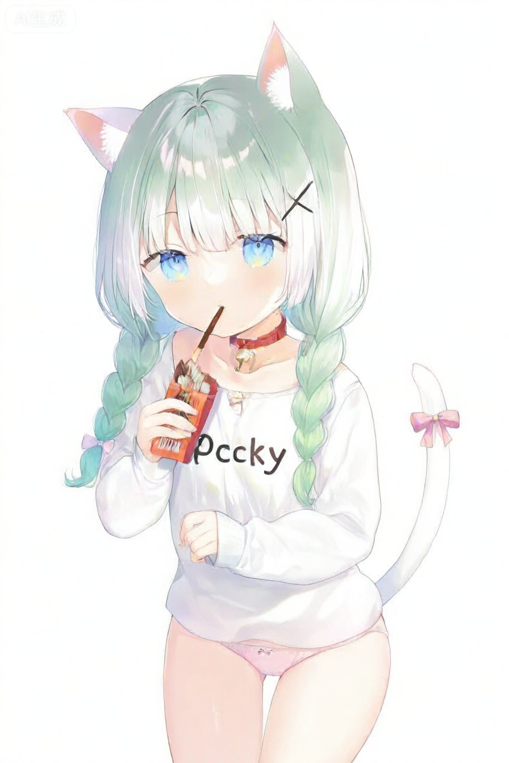 1girl, animal ear fluff, animal ears, bell, belt collar, blue eyes, blunt bangs, bow, braid, cat ears, cat girl, cat tail, clothes writing,collar, collarbone, cowboy shot, food, food in mouth, gradient hair, green hair, hair bow, hair ornament, hairclip, jingle bell, long sleeves, looking at viewer, mouth hold, multicolored hair, neck bell, no pants, panties, pink bow, pink panties, pocky, pocky in mouth, red collar, ribbon, simple background, sleeves past wrists, solo, tail, tail ornament, tail ribbon, twin braids, underwear, unworn eyewear, virtual youtuber, watermark, white background, white hair, x hair ornament
