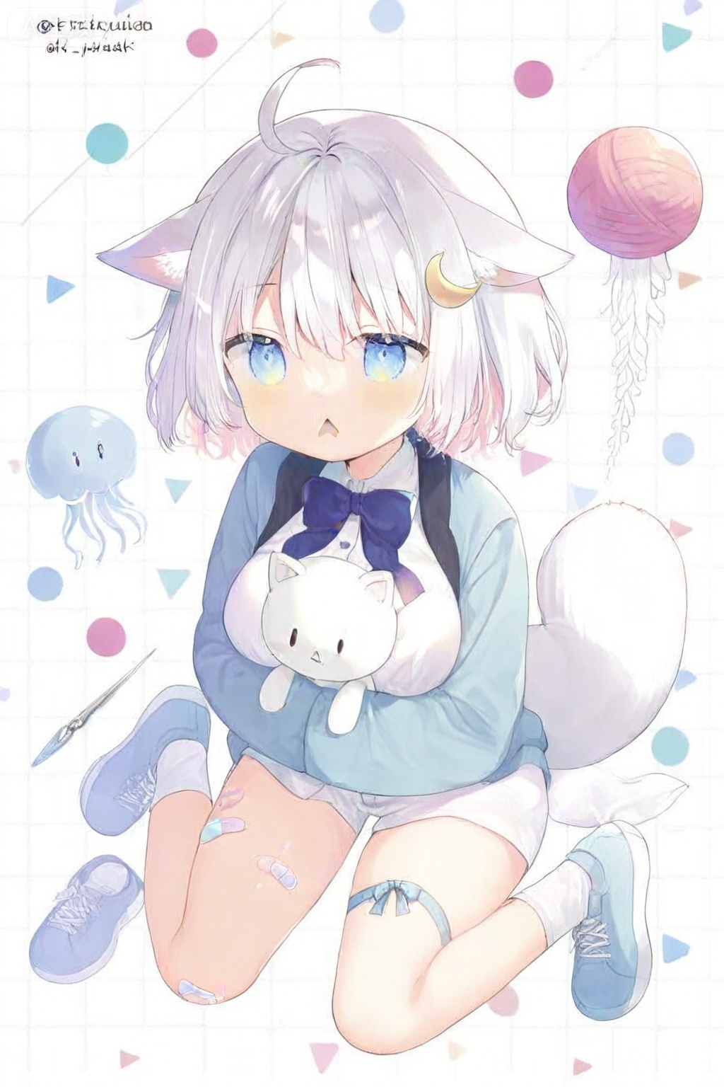 1girl, solo, catgirl, cat ears, white hair, animal ear fluff, animal ears, blue eyes, big tail, medium breasts, white tail, raccoon tail, big breasts, ahoge, bandaid on thigh, blue jacket, blue ribbon, blue shoes, blunt bangs, bow legwear, cloud hair ornament, crescent, crescent hair ornament, from side, full body, grid background, hair ornament, hugging object, jacket, jellyfish hair ornament, multicolored jacket, needle, needler, open mouth, ribbon, shoes, short hair, sitting, sneakers, socks, stuffed animal, stuffed cat, stuffed toy, tail, triangle mouth, twitter username, two-tone jacket, virtual youtuber, watermark, white jacket, white socks, x hair ornament, yarn, yarn ball
