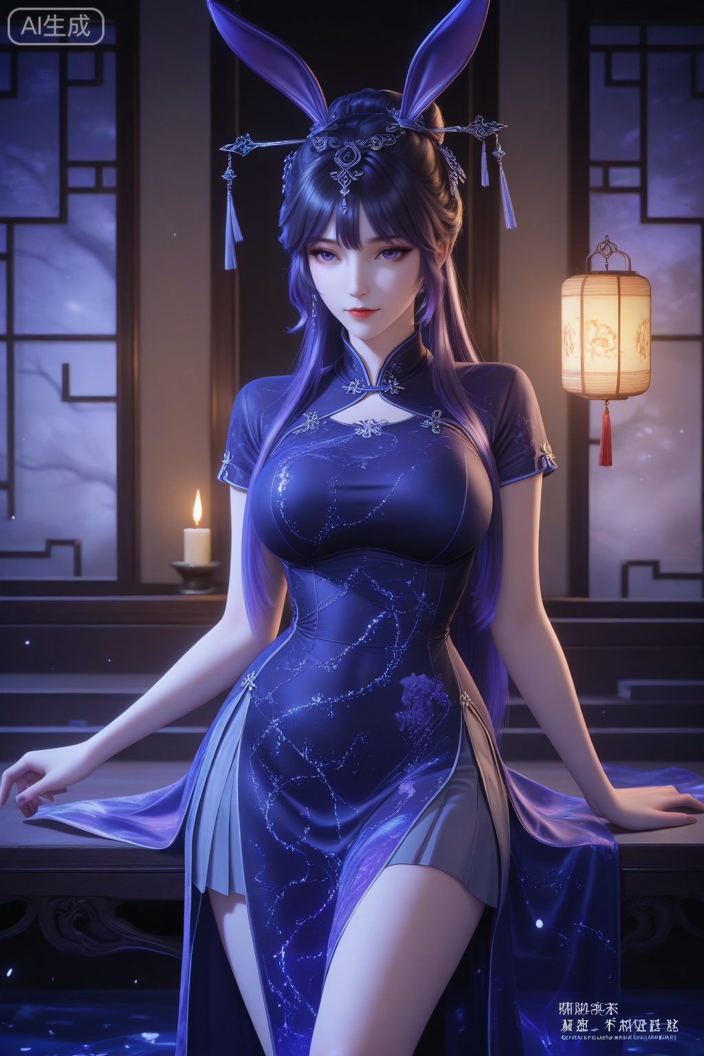 xiaowu, 1girl, solo, long hair, breasts, black hair, hair ornament, closed mouth, hair bun, shiny hair, rabbit ears, animal ears, lipstick,

realistic, 3d, perfect eyes, long eyelashes, aged up, mature female,
cowboy shot,
alternate costume, 
masterpiece,highres,absurdres,best quality,8K,high-res detailed, 
skirt, pleated skirt,
(no slits:1.2), skirt, closed skirt, modest design, skirt length knee-length or above, smooth skin, youthful expression, minimal makeup,
Young woman, (deep indigo cheongsam with silver thread constellations:1.3), standing by a river-facing window in an old study:1.2), one hand tracing calligraphy on rice paper, (lantern light casting shadows of ancient ink brushes:1.1), (hair in a high bun with an ivory hair stick:1.1), blurred view of lantern boats on the water outside, warm candlelight ambiance,