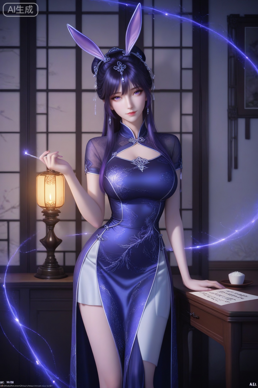 xiaowu, 1girl, solo, long hair, breasts, black hair, hair ornament, closed mouth, hair bun, shiny hair, rabbit ears, animal ears, lipstick,

realistic, 3d, perfect eyes, long eyelashes, aged up, mature female,
cowboy shot,
alternate costume, 
masterpiece,highres,absurdres,best quality,8K,high-res detailed, 
skirt, pleated skirt,
(no slits:1.2), skirt, closed skirt, modest design, skirt length knee-length or above, smooth skin, youthful expression, minimal makeup,
Young woman, (deep indigo cheongsam with silver thread constellations:1.3), standing by a river-facing window in an old study:1.2), one hand tracing calligraphy on rice paper, (lantern light casting shadows of ancient ink brushes:1.1), (hair in a high bun with an ivory hair stick:1.1), blurred view of lantern boats on the water outside, warm candlelight ambiance,