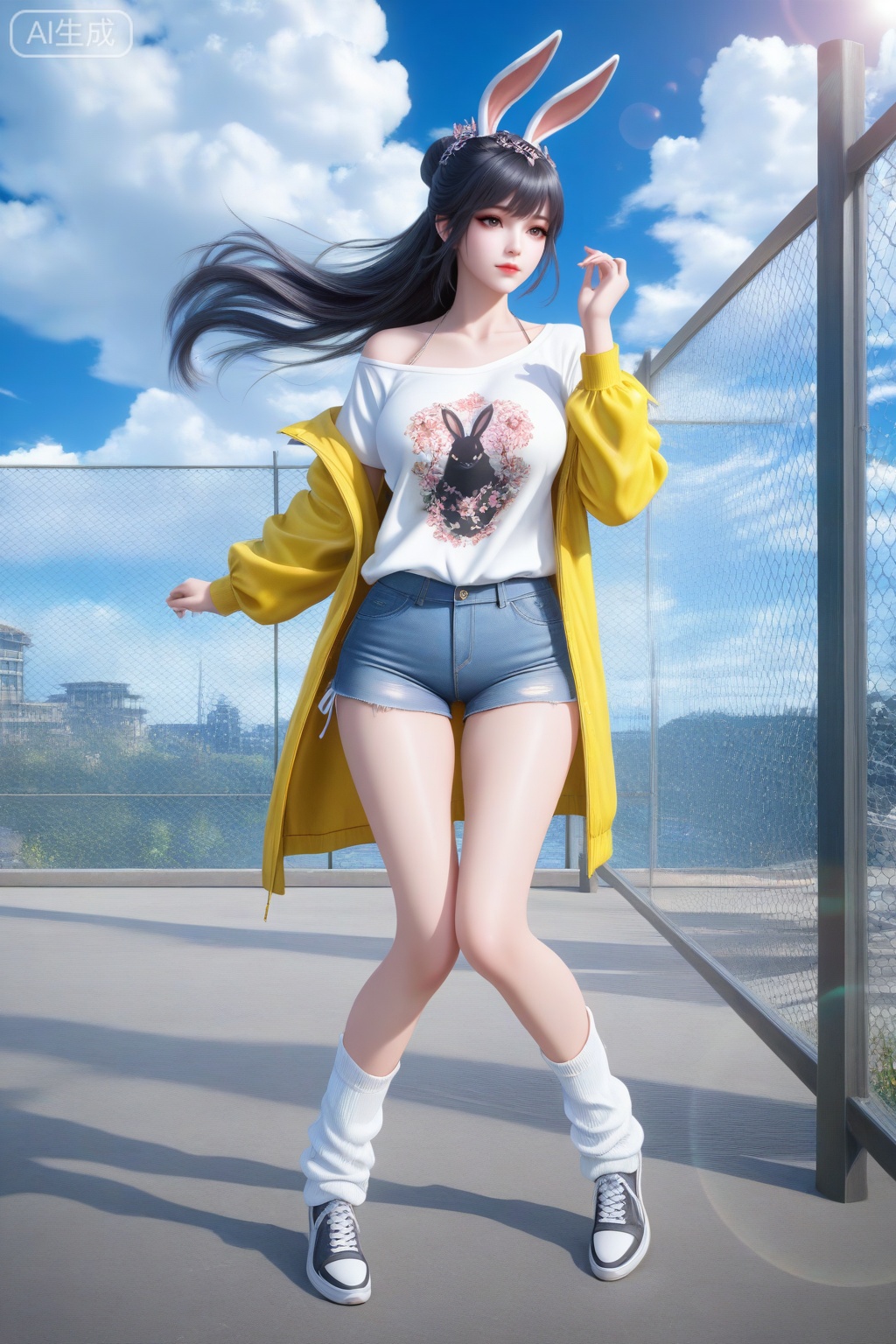 xiaowu, 1girl, solo, long hair, breasts, black hair, hair ornament, closed mouth, hair bun, shiny hair, rabbit ears, animal ears, lipstick,

realistic, 3d, perfect eyes, long eyelashes, aged up, mature female,
full body, full_shot, front view,
alternate costume, 
hand up, collarbone, white t-shirt,print shirt,side-tie shirt, yellow jacket, denim shorts, off shoulder, sneakers, loose socks, knees together feet apart, blue sky, sunny, lens flare, cloudy sky, wind,chain-link fence, ,indicate details, ,clean background,drop shadow,(foreshortening:1.4), masterpiece,best quality,amazing quality,newest,absurdres,highres, newest,