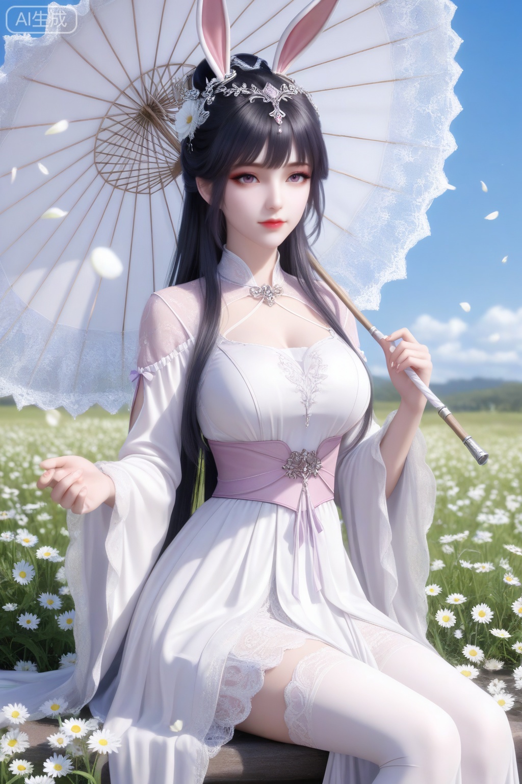xiaowu, 1girl, solo, long hair, breasts, black hair, hair ornament, closed mouth, hair bun, shiny hair, rabbit ears, animal ears, lipstick,

realistic, 3d, perfect eyes, long eyelashes, aged up, mature female,
masterpiece,highres,absurdres,best quality,8K,high-res detailed, alternate costume, hanfu, skirt, lace skirt, thighhighs,
A lolita girl in a ​pink-purple silk tulle skirt​ (multi-layered ​ruffled silk hem, each edge embroidered with ​white daisies), paired with a ​short silk blouse​ (bow ribbon neckline). ​Cream silk sash​, holds a ​lace umbrella. Wears a ​silk flower crown​ (daisies and lilies of the valley). Under a ​garden vine arch, background: ​sunlight through petals (Tyndall effect)​. Silk details: ​fluffy layered silk, ribbon gloss