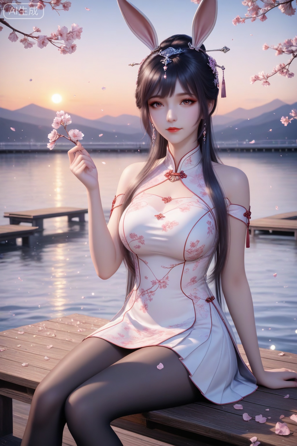 xiaowu, 1girl, solo, long hair, breasts, black hair, hair ornament, closed mouth, hair bun, shiny hair, rabbit ears, animal ears, lipstick,

realistic, 3d, perfect eyes, long eyelashes, aged up, mature female,
cowboy shot,
skirt, pleated skirt,
(alternate costume, cheongsam:1.2),
masterpiece,highres,absurdres,best quality,8K,high-res detailed, 
no slits, skirt, closed skirt, modest design, skirt length knee-length or above,
black pantyhose,
pink silk cheongsam embroidered with tiny peach blossoms, A-line silhouette just above the knees, (sitting on a wooden ferry dock:1.2), holding a single peach branch, (petals falling onto her shoulders from overhanging branches:1.1), (hair styled with a floral hair stick:1.1), sunset lighting turning the water golden, bokeh of distant mountain silhouettes