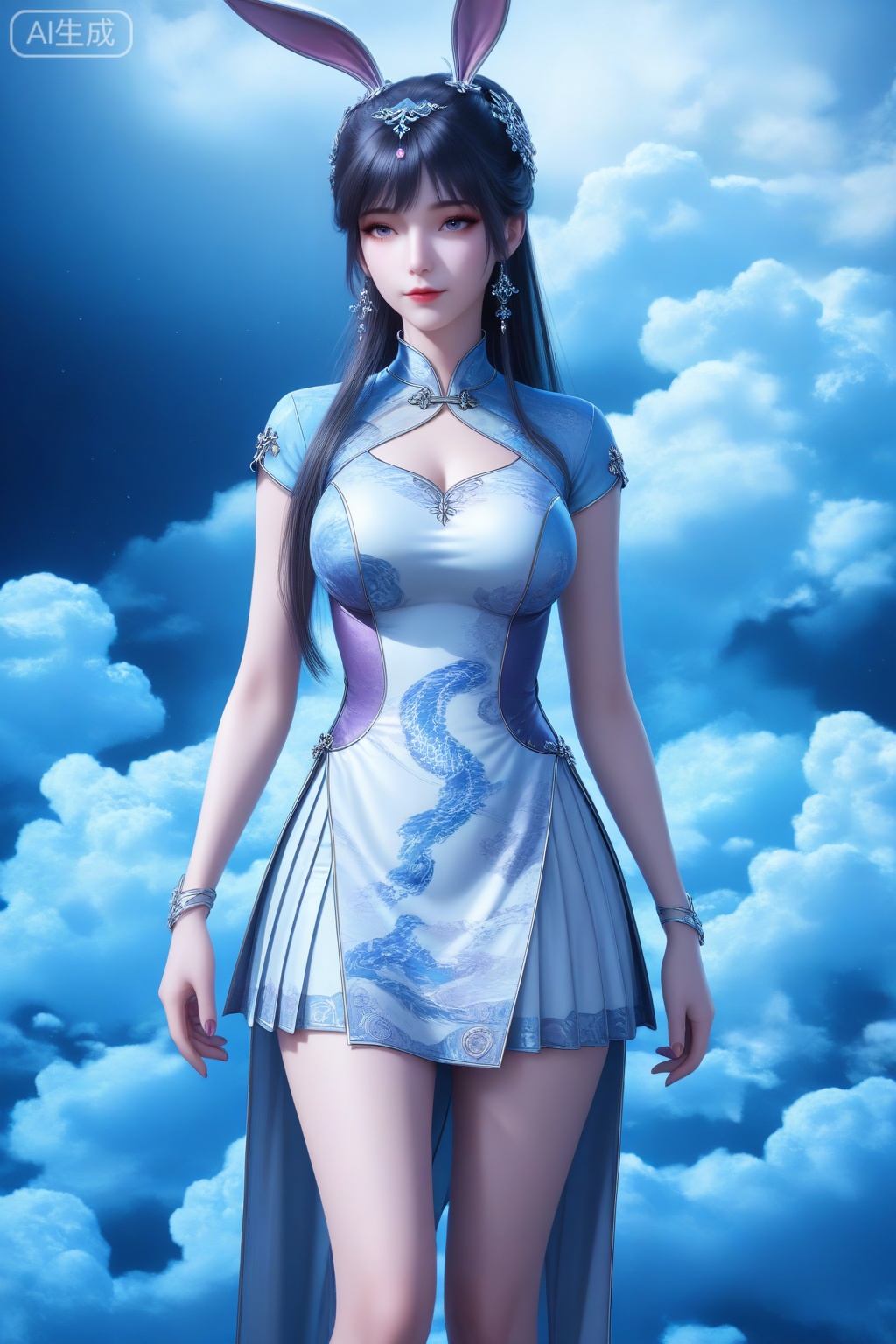xiaowu, 1girl, solo, long hair, breasts, black hair, hair ornament, closed mouth, hair bun, shiny hair, rabbit ears, animal ears, lipstick,

realistic, 3d, perfect eyes, long eyelashes, aged up, mature female,
cowboy shot,
skirt, pleated skirt,
(alternate costume, cheongsam:1.2),
no slits, skirt, closed skirt, modest design, skirt length knee-length or above, smooth skin, youthful expression, minimal makeup,
A 25-year-old model in a purple-silver cheongsam with a unique, iridescent texture. The cheongsam has beautiful blue cloud patterns, like a mysterious universe filled with floating auspicious clouds. The round collar and short sleeves present a modern and trendy style. She is standing in a science-fiction-themed exhibition hall, with purple and blue lights and silver-white clouds in the background. One hand is holding a sci-fi novel, the other is making a curious gesture. The cool purple - silver light and the blue cloud patterns create a sci-fi and dreamy atmosphere. Shallow depth of field, exhibition-themed photography,
Game CG Style,