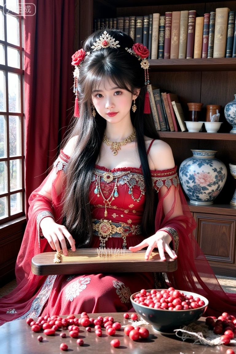 a young woman,long black hair,looking at viewer,playing guzheng,hanfu,Chinese dress,sitting,hair accessories,jewelry