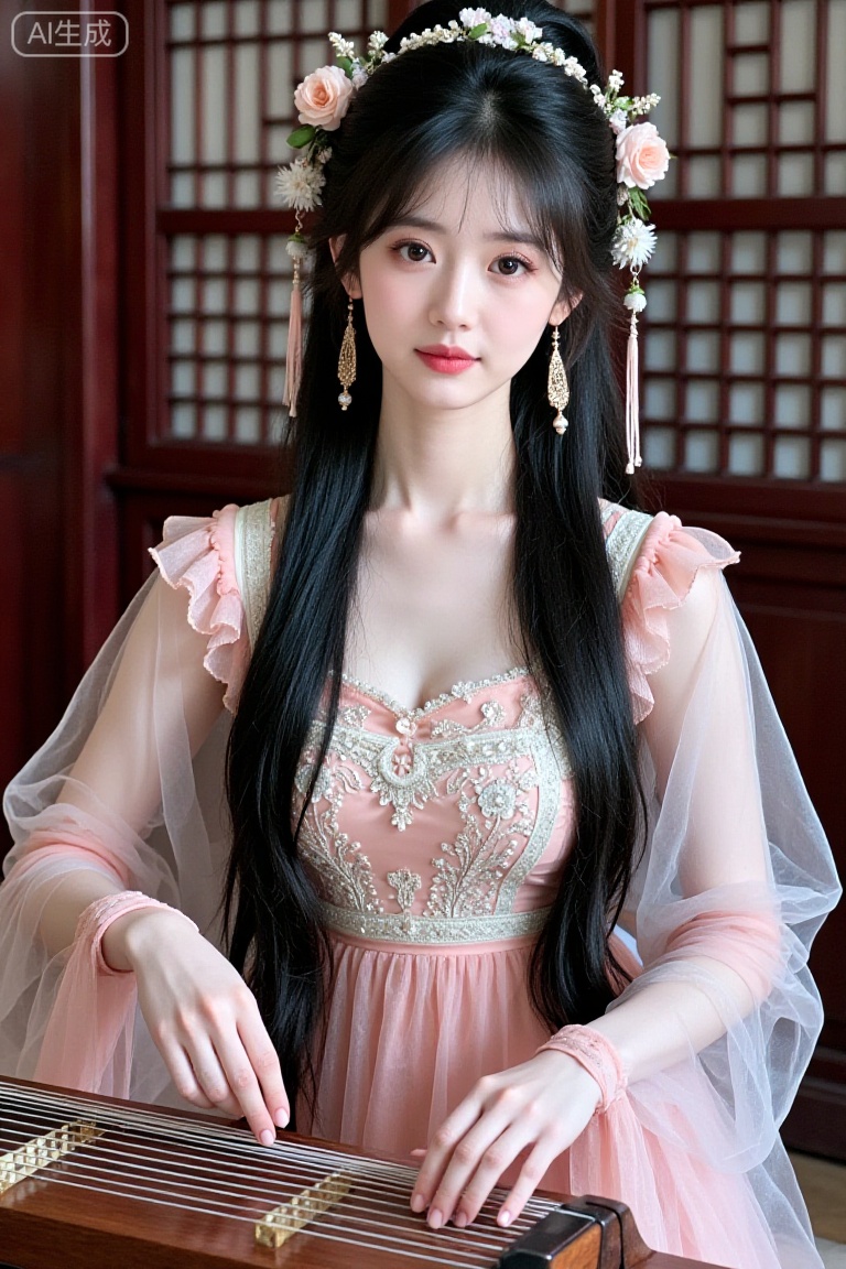 a young woman,long black hair,looking at viewer,playing guzheng(instrument),hanfu,Chinese dress,sitting,hair accessories,jewelry
