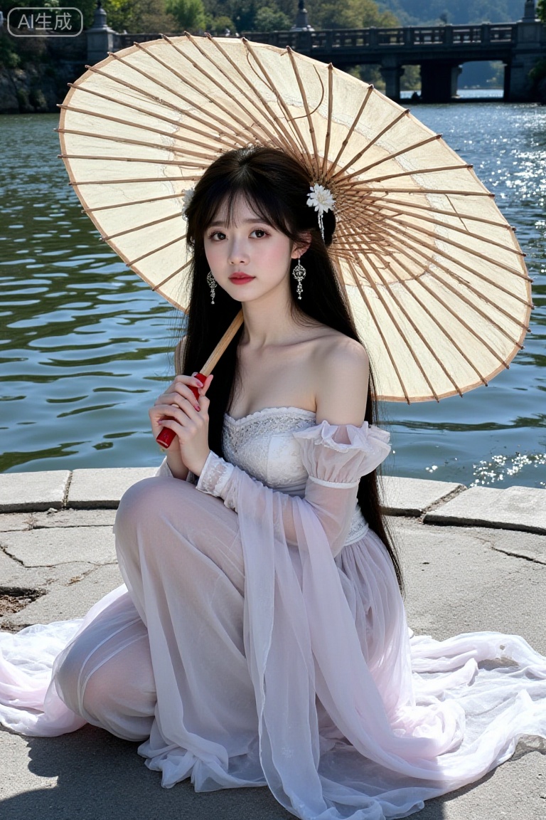 a young woman,long black hair,looking at viewer,hanfu,Chinese dress,sitting,hair accessories,jewelry,squatting,lake,bridge,oil-paper_umbrella,holding