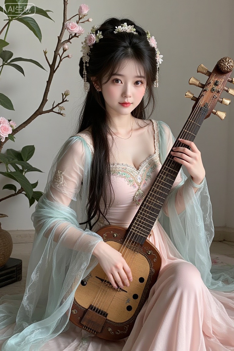 a young woman,long black hair,looking at viewer,playing guzheng(instrument),hanfu,Chinese dress,sitting,hair accessories,jewelry