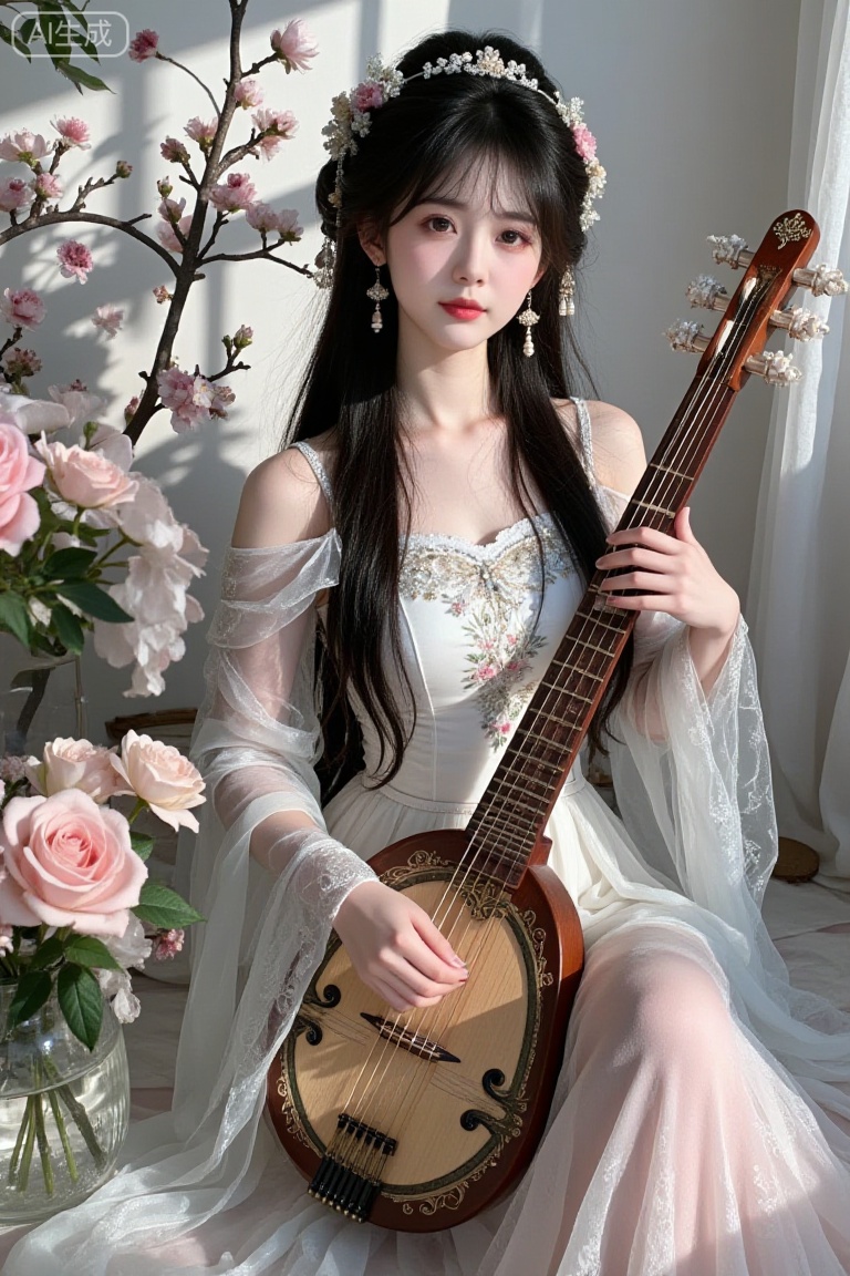 a young woman,long black hair,looking at viewer,playing guzheng(instrument),hanfu,Chinese dress,sitting,hair accessories,jewelry