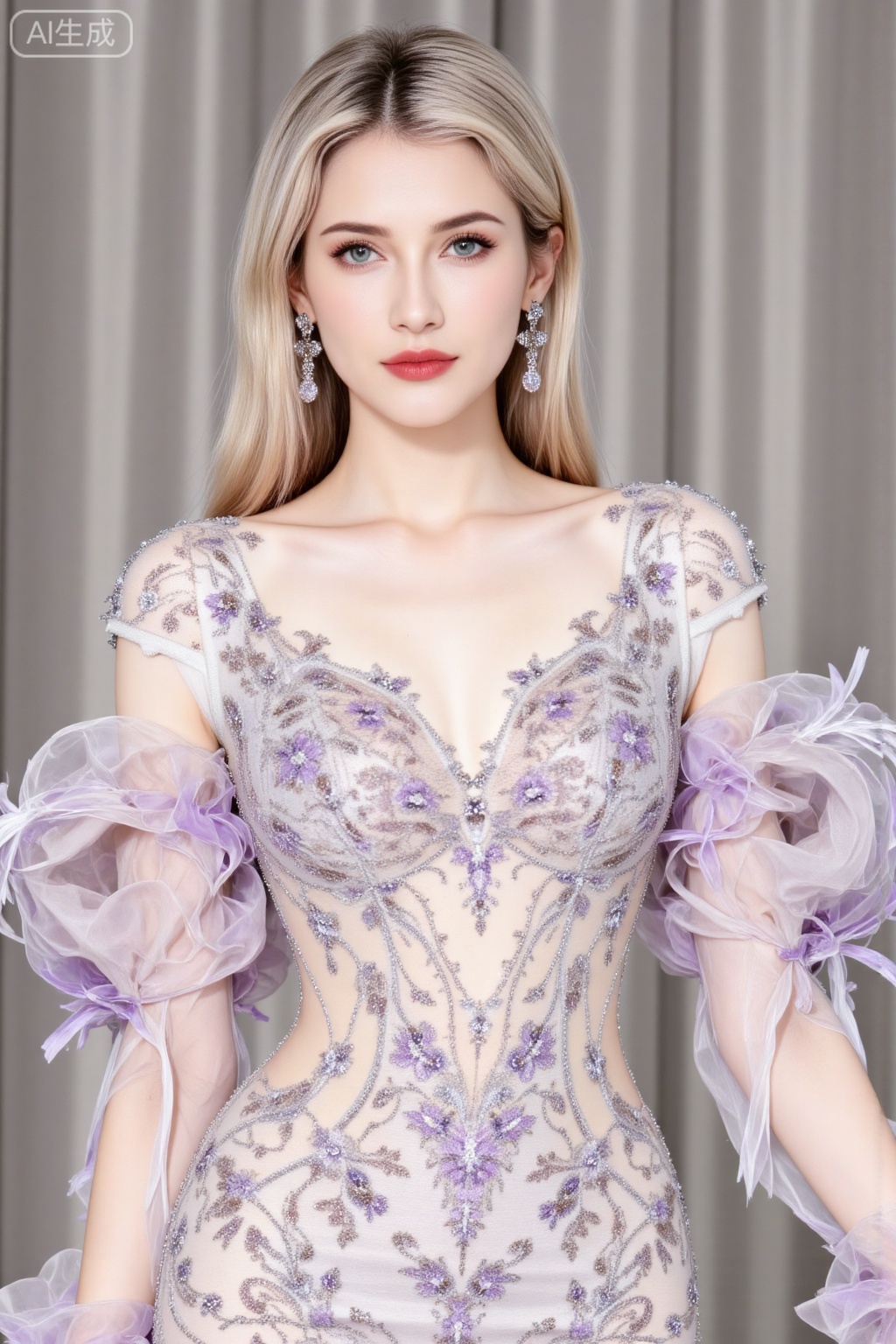 blonde hair,blue eyes,long hair,fair_skin,jewelry,earrings,
1girl,solo,dress,arms at sides,flower,purple flower,see-through,standing,collarbone,white dress,
oumei,fuzhuang,
blurry_background,lvjing,pifu,gaogenxie