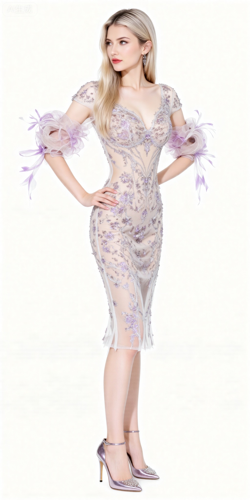 blonde hair,blue eyes,long hair,fair_skin,jewelry,earrings,
1girl,solo,dress,white dress,high heels,hand on own hip,white background,see-through,full body,standing,simple background,flower,see-through dress,breasts,floral print,,
oumei,fuzhuang,
blurry_background,lvjing,pifu,gaogenxie