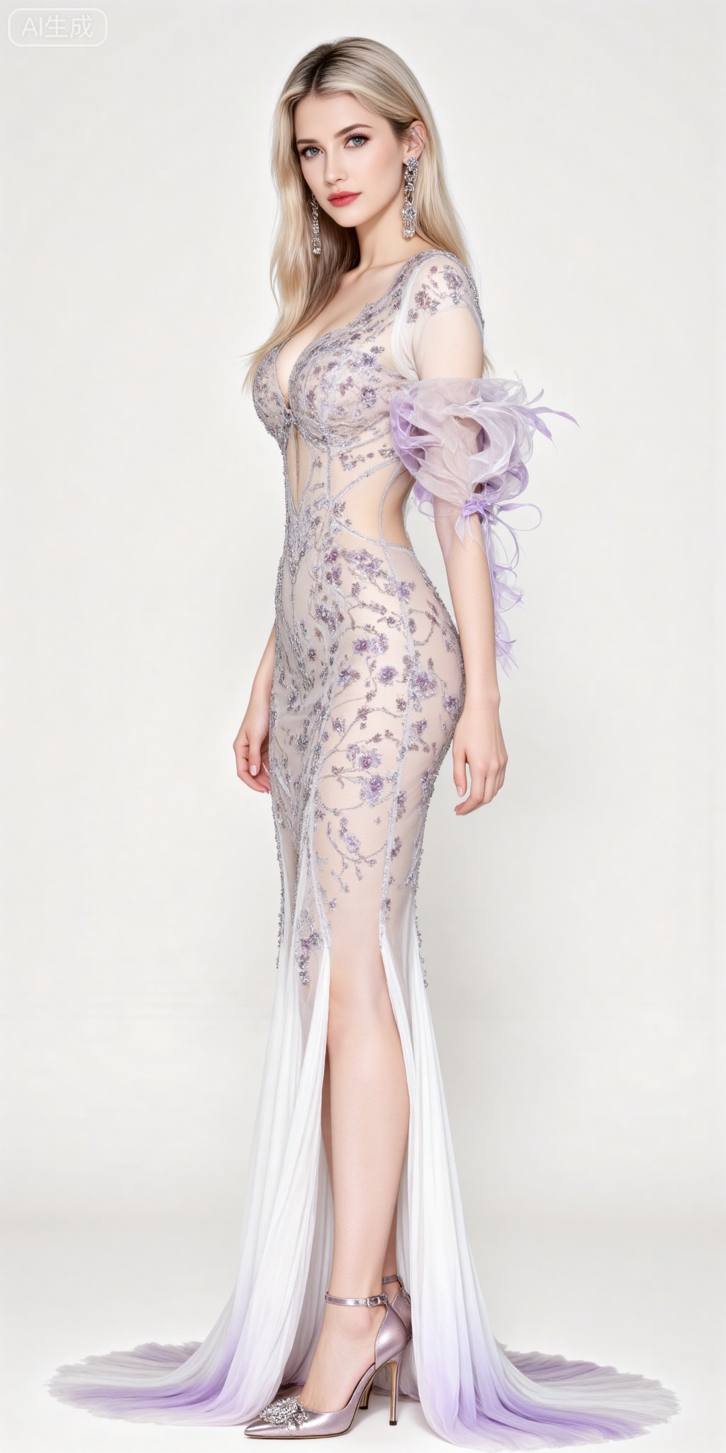 blonde hair,blue eyes,long hair,fair_skin,jewelry,earrings,
1girl,solo,high heels,dress,white dress,breasts,from side,see-through,white background,full body,standing,simple background,large breasts,ass,side slit,jewelry,long dress,see-through dress,,,
oumei,fuzhuang,
blurry_background,lvjing,pifu,gaogenxie