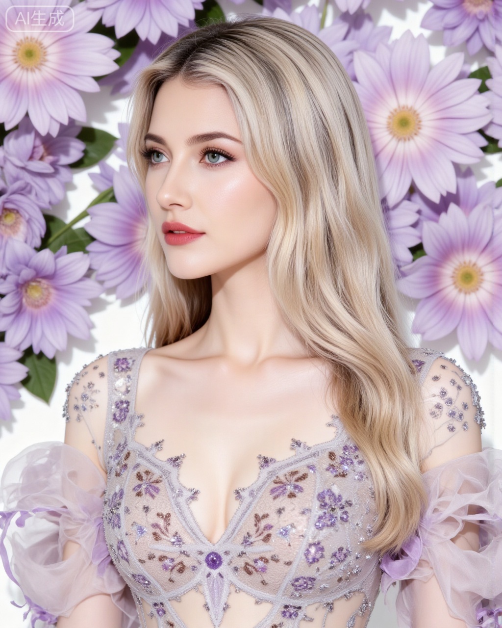 blonde hair,blue eyes,long hair,fair_skin,jewelry,earrings,
1girl,solo,dress,arms at sides,flower,purple flower,see-through,standing,collarbone,white dress,
oumei,fuzhuang,
blurry_background,lvjing,pifu,gaogenxie