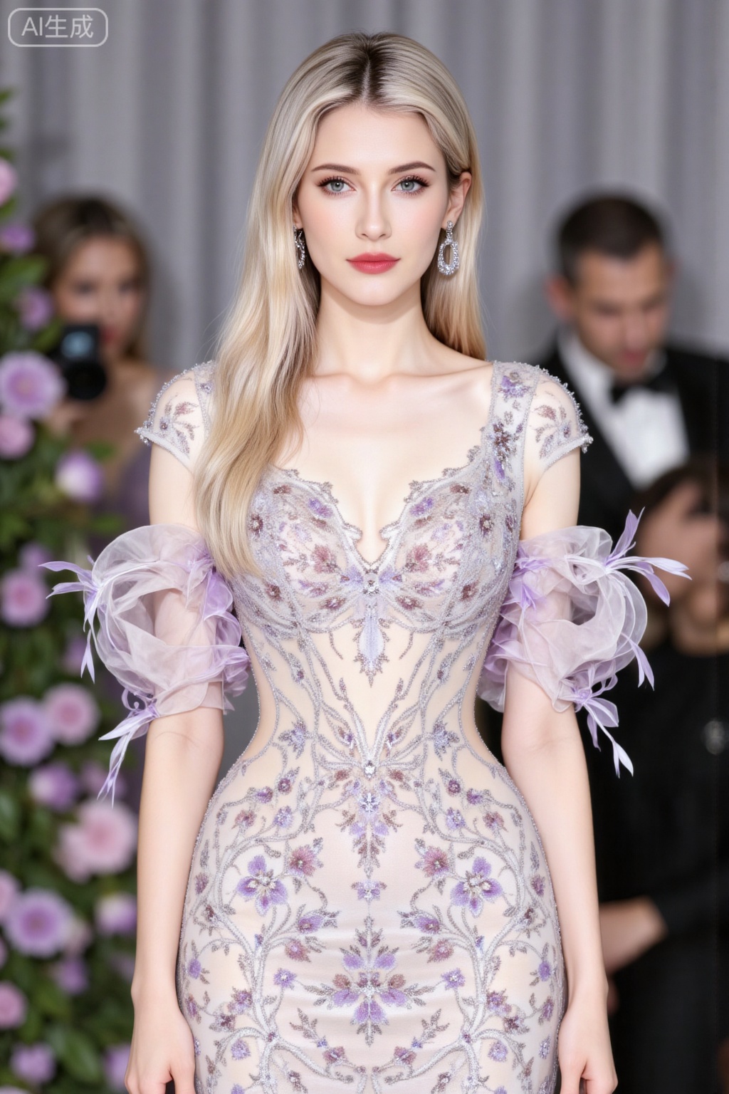 blonde hair,blue eyes,long hair,fair_skin,jewelry,earrings,
1girl,solo,dress,arms at sides,flower,purple flower,see-through,standing,collarbone,white dress,
oumei,fuzhuang,
blurry_background,lvjing,pifu,gaogenxie