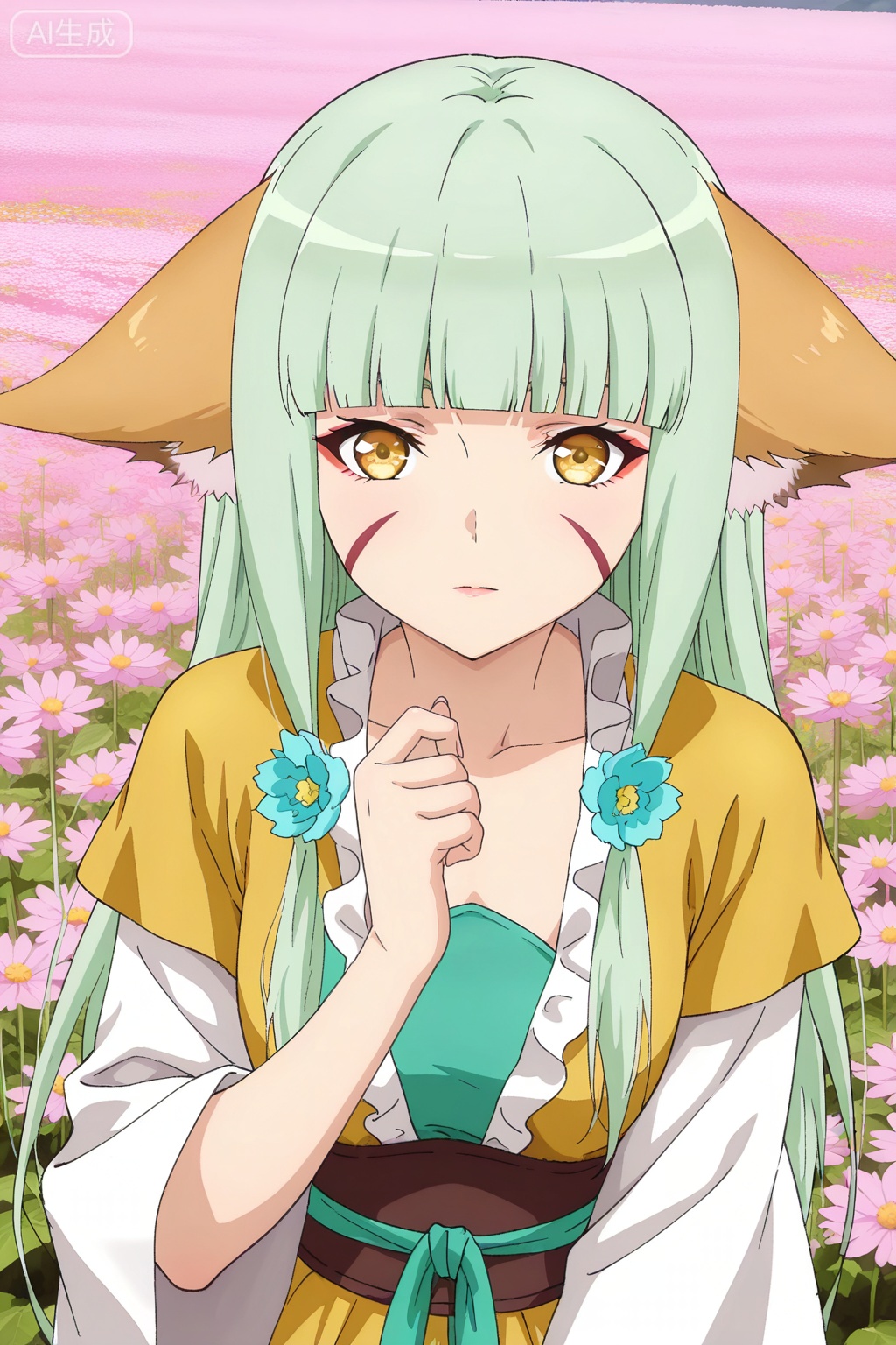 flower field,flower field,



upper body,looking at viewer,

涂山容容,masterpiece,best quality,official art,extremely detailed CG unity 8k wallpaper,1girl,solo,long hair, green hair, animal ears, fox ears, facial mark, blunt bangs,Wide sleeves,Dress,