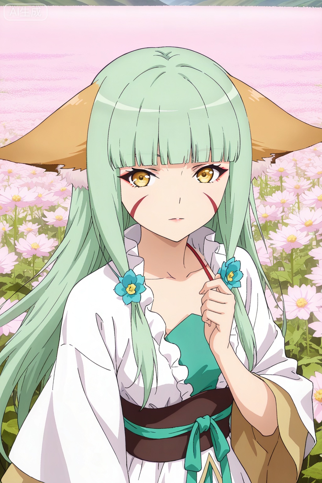flower field,flower field,



upper body,looking at viewer,

涂山容容,masterpiece,best quality,official art,extremely detailed CG unity 8k wallpaper,1girl,solo,long hair, green hair, animal ears, fox ears, facial mark, blunt bangs,Wide sleeves,Dress,
