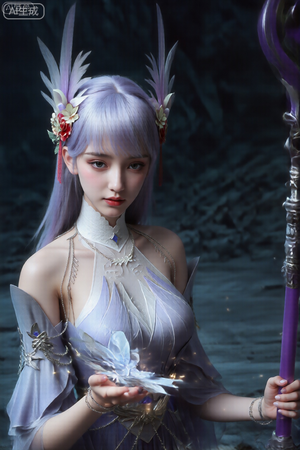 该图像描绘了一个有着淡紫色长发的人物,上面装饰着精致的花卉发夹,上面有红、白花和绿叶。角色的眼睛又大又黑,脸上表情柔和,还有一张红色的小嘴。他们穿着一件高领、半透明的白色服装,上面有复杂的银色刺绣和一颗巨大的中央宝石。除此之外,还有一件淡紫色的露肩长袍,带有银色装饰,胸前有透明的翅膀状设计。该角色的左手握着一个银色的蝴蝶形状的物体,该物体发出微小的发光火花。他们的右手握着一根高大、华丽的法杖,杖柄为紫色,顶部附近有银色的莲花形装饰。背景是黑暗的岩石景观,具有深度感,暗示着洞穴或山区的环境。灯光柔和,突出了角色的特征以及服装和配饰的复杂细节。整体气氛空灵而梦幻。