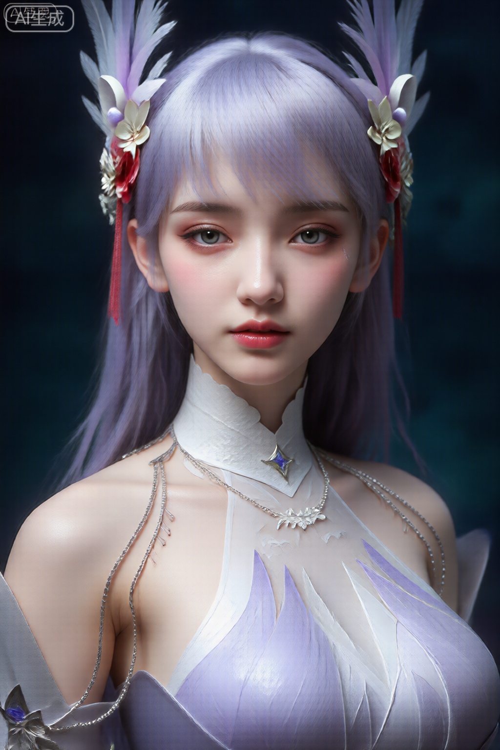 该图片展示了一位年轻女子的数字艺术作品,她有着长长的、直的、浅紫色的头发,长过肩膀。她的头发上装饰着白色、银色和红色的复杂花卉和羽毛配饰,其中一些羽毛上还挂着红色流苏。她有一双富有表情的绿色大眼睛和一个精致的小鼻子。她的嘴唇是柔和的粉红色。 她穿着一件高领、合身的服装,主要是白色,带有紫色点缀,类似于花瓣或火焰。这套服装具有纯粹、近乎空灵的品质,某些部分似乎是由光滑的反光材料制成的。银色的链状装饰垂在她的肩膀和胸部,与服装相连,增添了复杂的设计。 她脖子上戴着一条项链,上面有一个星形吊坠,吊坠的中心有一颗蓝色宝石。背景为深色,带有微妙的蓝色和绿色渐变,形成鲜明的对比,突出主题。整体美感优雅而梦幻,注重细节、华丽的设计元素。