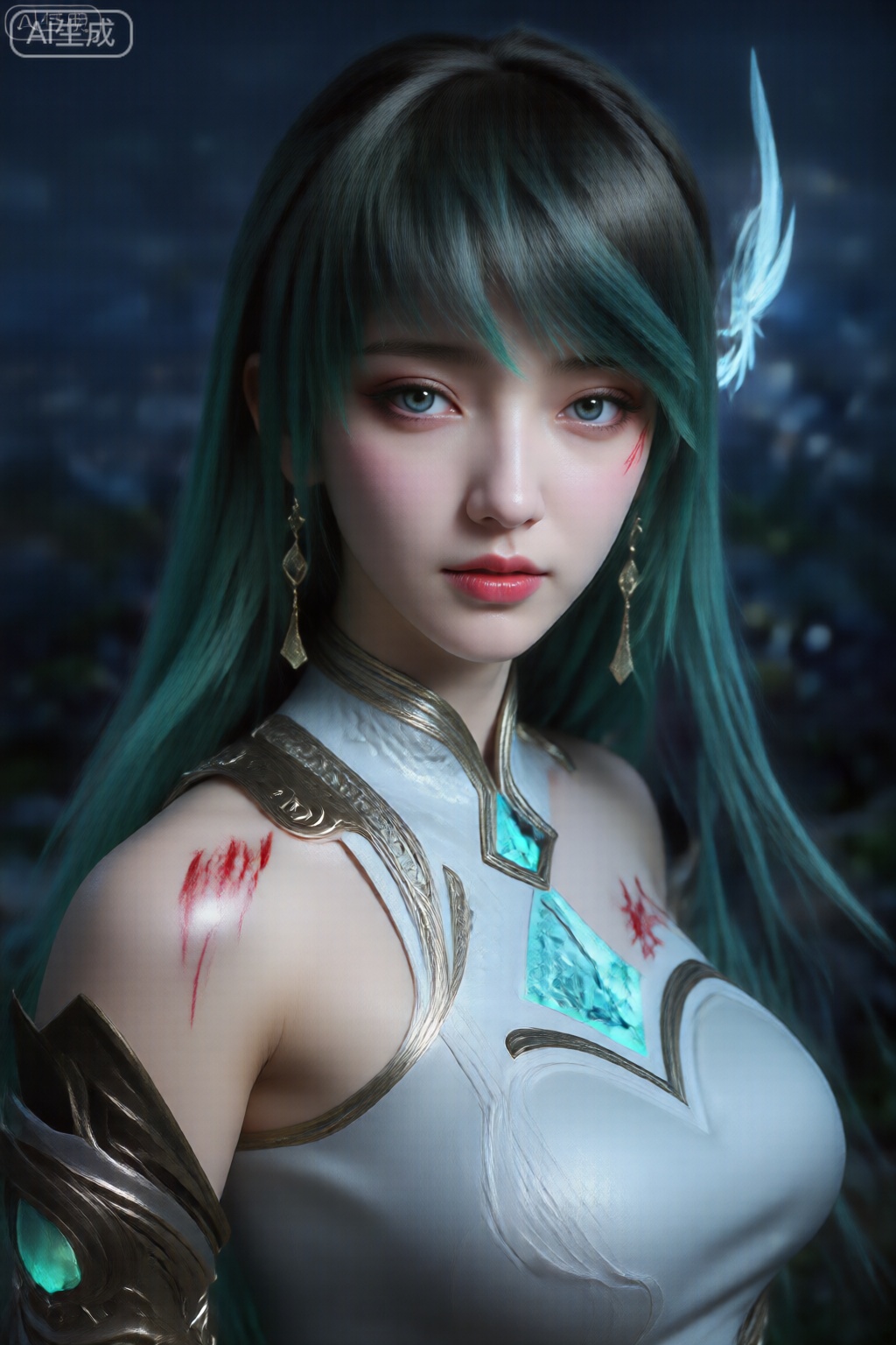 图像中的女性有着青色的长发和引人注目的蓝眼睛。她的耳朵附近有一个像翅膀一样的小附属物,她的头发有从根部的深青色到发尖的浅青色的渐变。她穿着一件合身的金属银色上衣,设计复杂,上面镶嵌着发光的青色宝石。上衣采用高领设计,并饰有金色和银色装饰。在她的左肩上,有一个镶有青色宝石的金属护臂。她的左肩和胸部有红色斑纹,类似抓痕或伤口。她还戴着看起来是金制成的悬垂耳环。背景是模糊、黑暗的城市景观,灯光闪烁,表明现在是夜晚。
