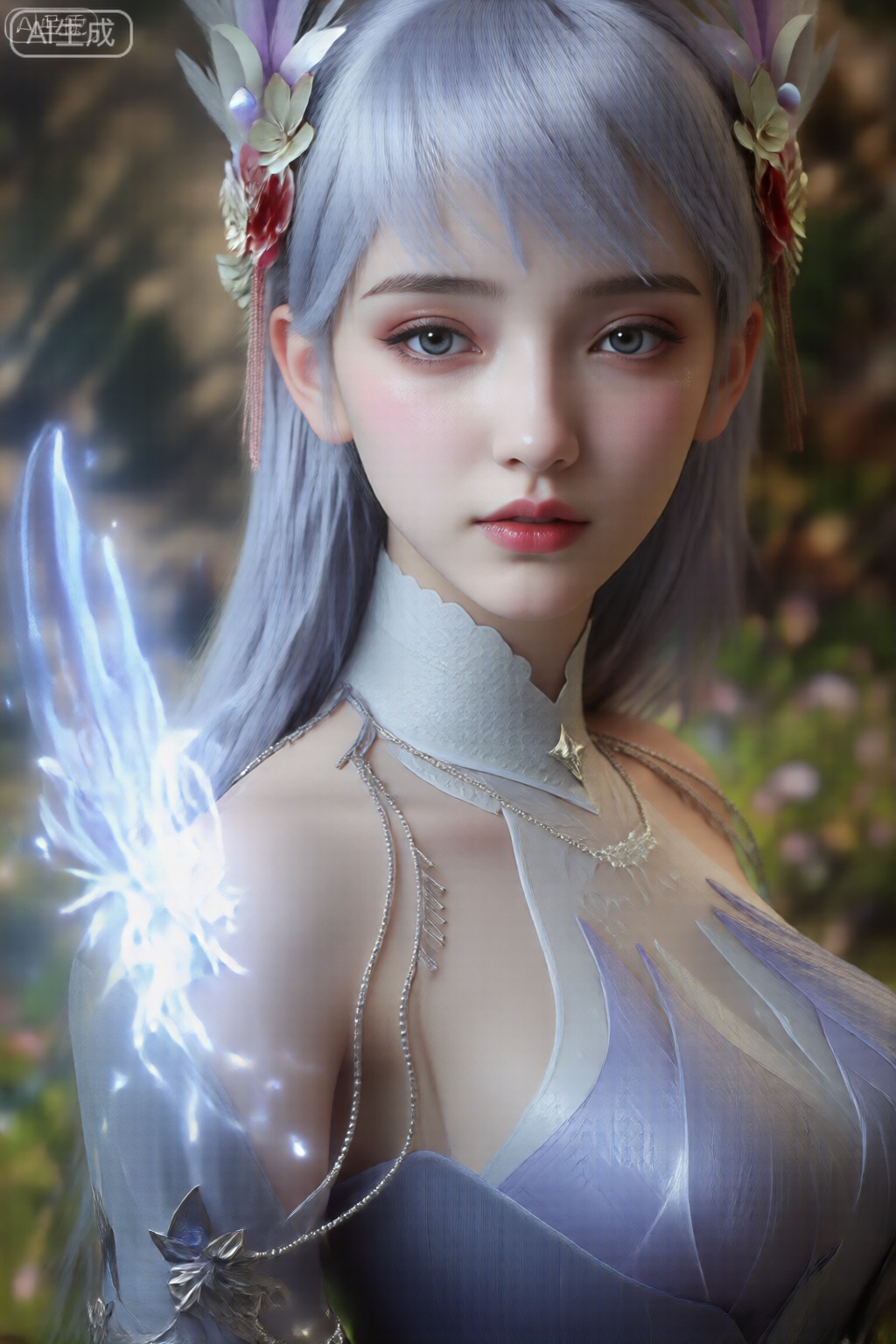 该图像是一个数字渲染角色的特写镜头,有着长长的银色头发和富有表情的大眼睛。她穿着一件高领无袖连衣裙,主要颜色为浅紫色,带有复杂的叶状图案。这件衣服具有透明的水晶质感,在她的左肩附近有一个发光的、空灵的翅膀状物体,散发出明亮的蓝白色光芒。角色的头发上装饰着精致的花朵和金属饰物,她的表情平静而安详。背景模糊,色彩柔和自然,让人联想到有绿色植物和鲜花的户外环境。整体风格细致而梦幻,注重优雅和超凡脱俗。