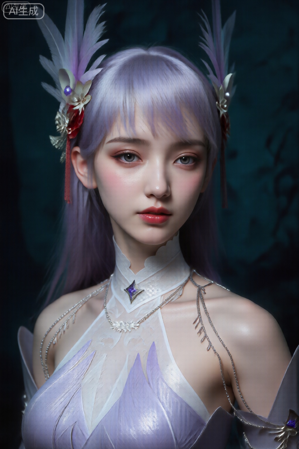 该图像描绘了一个有着淡紫色长直发的角色,在顶部附近有较浅的条纹。头发上装饰着华丽的头饰,饰有浅紫色和白色羽毛、红色和银色装饰元素（包括珍珠和金属配饰）以及复杂的花卉设计。这个角色有一双富有表情的大眼睛,目光柔和,嘴唇饱满、鲜红。该服装是一款合身的挂脖式服装,颜色为淡紫色和白色,采用闪亮的纹理面料。银链、星形吊坠和镶有紫色宝石的装饰性护臂是整个套装的一部分。背景是深青色,有阴影、模糊的形状（可能是树枝）,灯光柔和,强调人物的脸部和上半身,具有戏剧性但优雅的效果。整体审美是幻想风格的,有细致的服装设计和化妆。