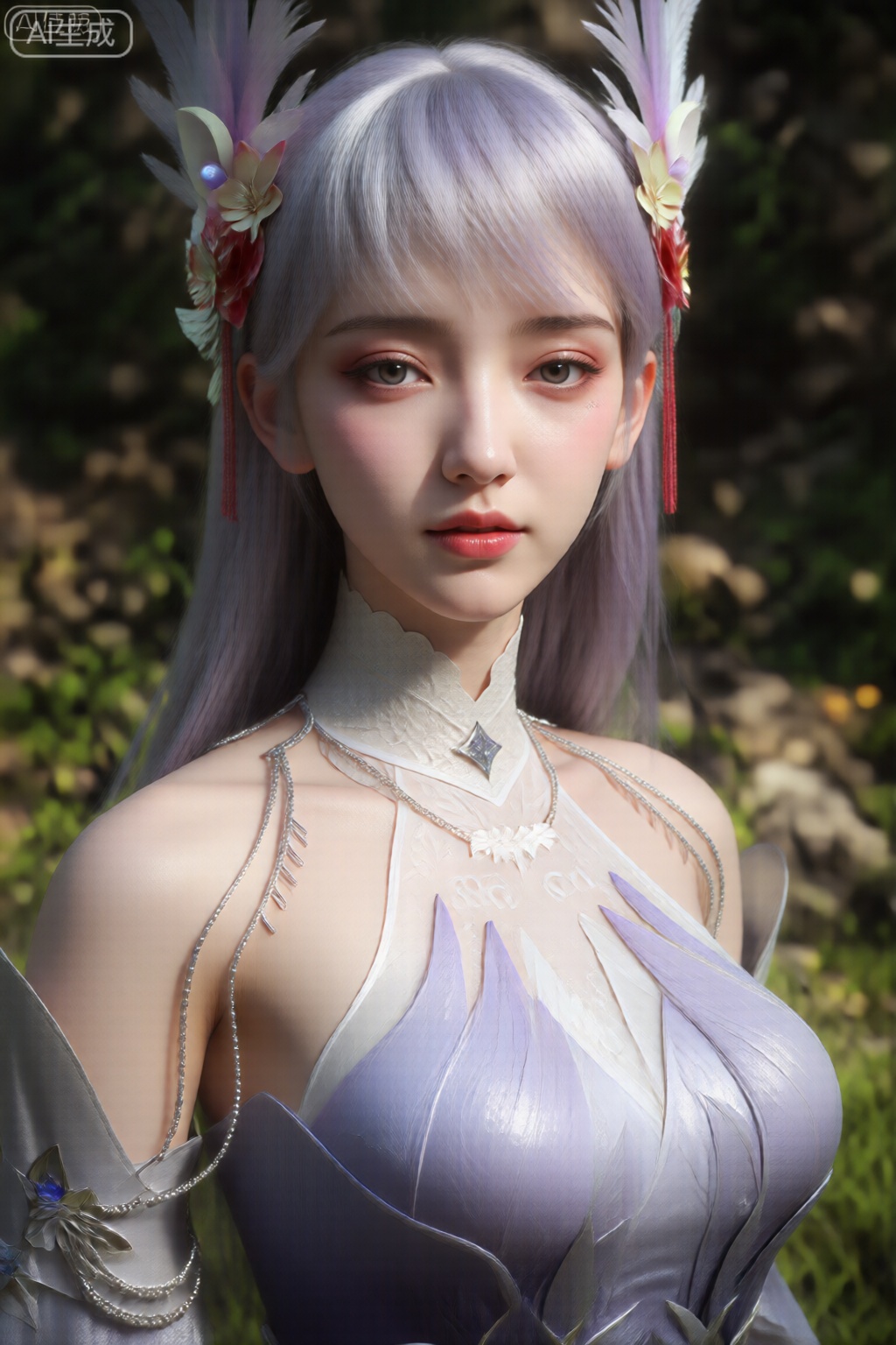 该图像的特点是数字渲染的女性角色,长长的直发,戴着装饰性的头饰。头饰上饰有色彩柔和的精致花朵和蝴蝶,并垂下一些红色点缀。她的妆容很柔和,浅粉色的眼影和自然的唇色。她穿着一件淡紫色和白色渐变的无袖高领连衣裙,上面有复杂的翼状图案,领口周围有透明的蕾丝覆盖层。这件衣服有光泽,略带金属质感,她的肩膀和上臂有银色护臂,饰有小链子和花卉胸针。背景是模糊的自然户外环境,有绿色植物、岩石和一些黄色的花朵,暗示着花园或森林环境。