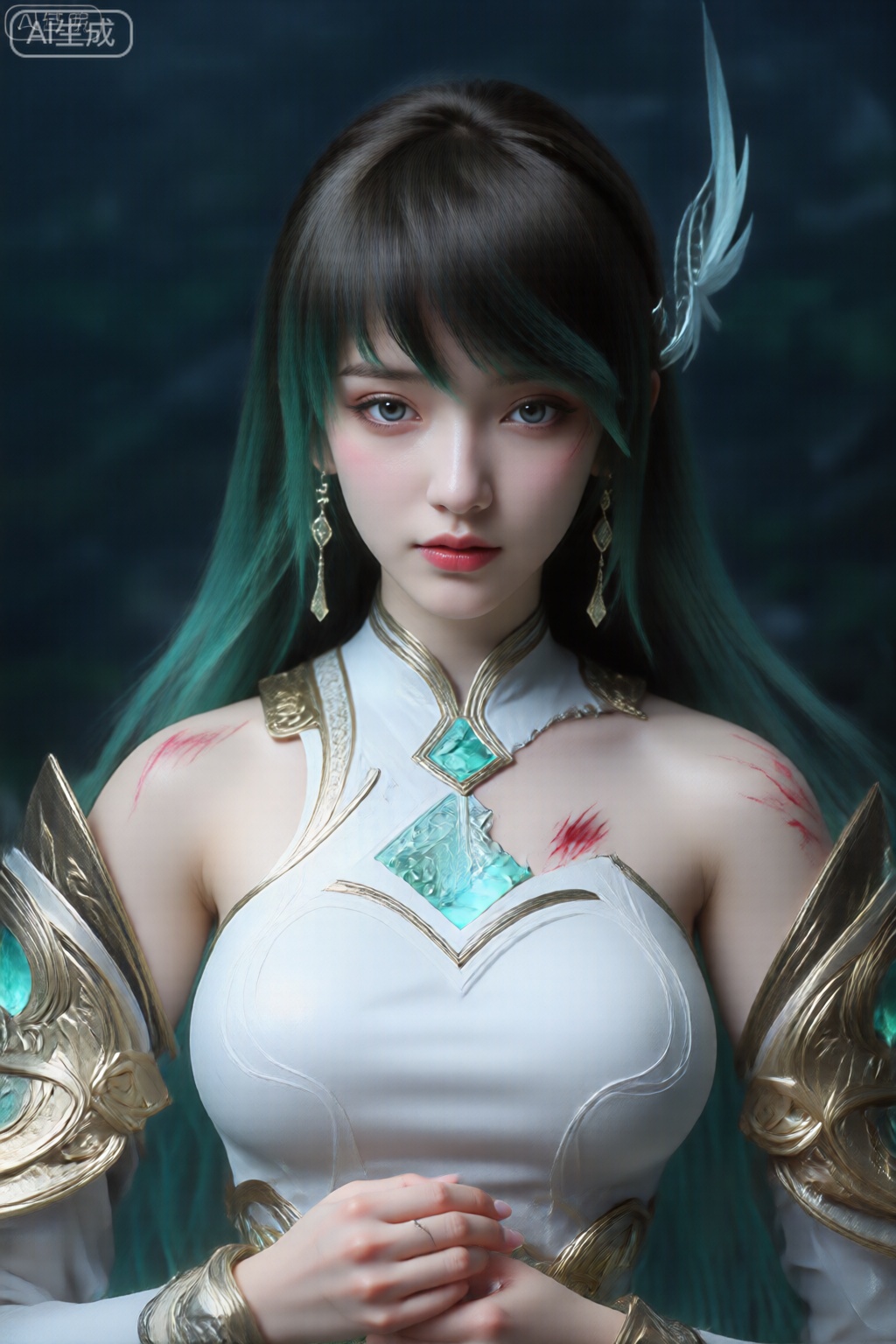 图像中的女性人物有着长而直的头发,从发根处的深棕色过渡到发梢处充满活力的青色。她的头发是中分的,头的两侧还挂着一对精致的、半透明的、翅膀般的饰物。她的刘海设计得很整齐,部分遮住了额头。 她的眼睛很大,富有表情,呈浅蓝色,嘴唇是柔和的粉红色。她戴着一对垂坠的耳环,造型复杂,似乎是由金属材料制成的。 她的着装是一件合身的白色高领深V 领口服装。这件衣服饰有金色和绿松石装饰,包括胸部中央有一个显眼的几何绿松石色吊坠。服装设计优雅且充满未来感,线条锐利,廓形时尚。 她的肩膀和手臂上穿着华丽的金色盔甲,上面镶嵌着绿松石宝石。盔甲呈棱角状,并具有类似翅膀的设计,为她的服装增添了梦幻和富丽堂皇的外观。 她的皮肤上有一些红色斑纹或肩膀上的伤疤,这给她的外表增添了一丝真实感和个性。她的双手在身前十指相扣,脸上的表情平静而从容。 背景模糊,具有黑暗、模糊的形状,暗示着自然或户外环境,可能是森林或岩石景观。整体灯光柔和,突出了她的五官和服装细节