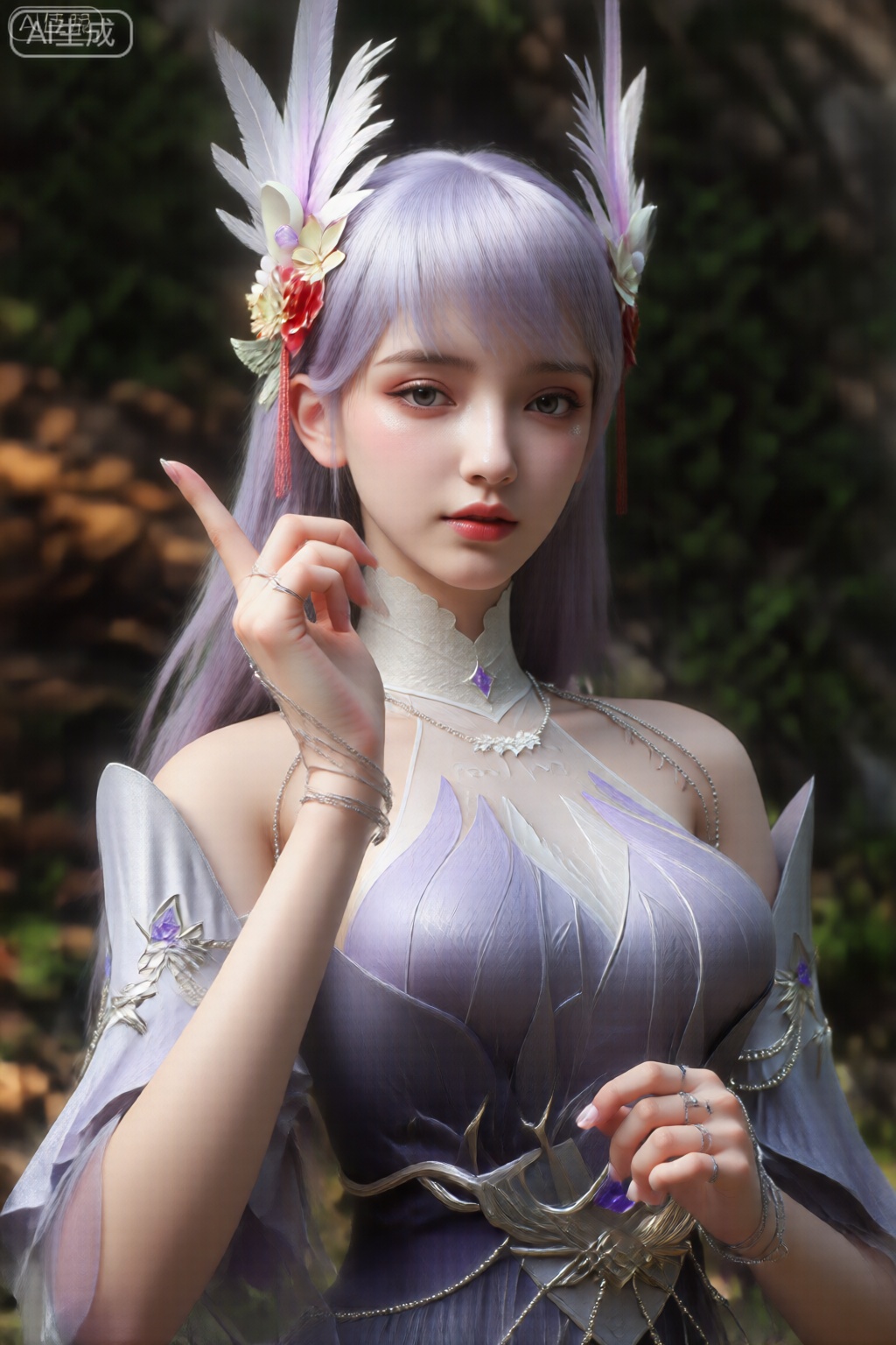 该图像描绘了一个留着浅紫色长发的人,戴着带有白色和红色羽毛以及花卉元素的装饰头饰。她们穿着精致的奇幻服装：一件合身的紫色连衣裙,上面有叶子图案和金属装饰,包括胸前的蜘蛛形设计。这件连衣裙有露肩袖,带有粉色和紫色的翼状延伸部分。该人的手腕上戴着多个银手镯,手指上戴着戒指,还有一条镶有紫色宝石的精致项链。背景由带有绿叶和木质元素的自然环境组成,暗示着森林或花园环境。灯光柔和,突出了服装和配饰的复杂细节,而人物的姿势（一只手向上,另一只手放在胸部附近）为构图增添了一种动态、富有表现力的品质。