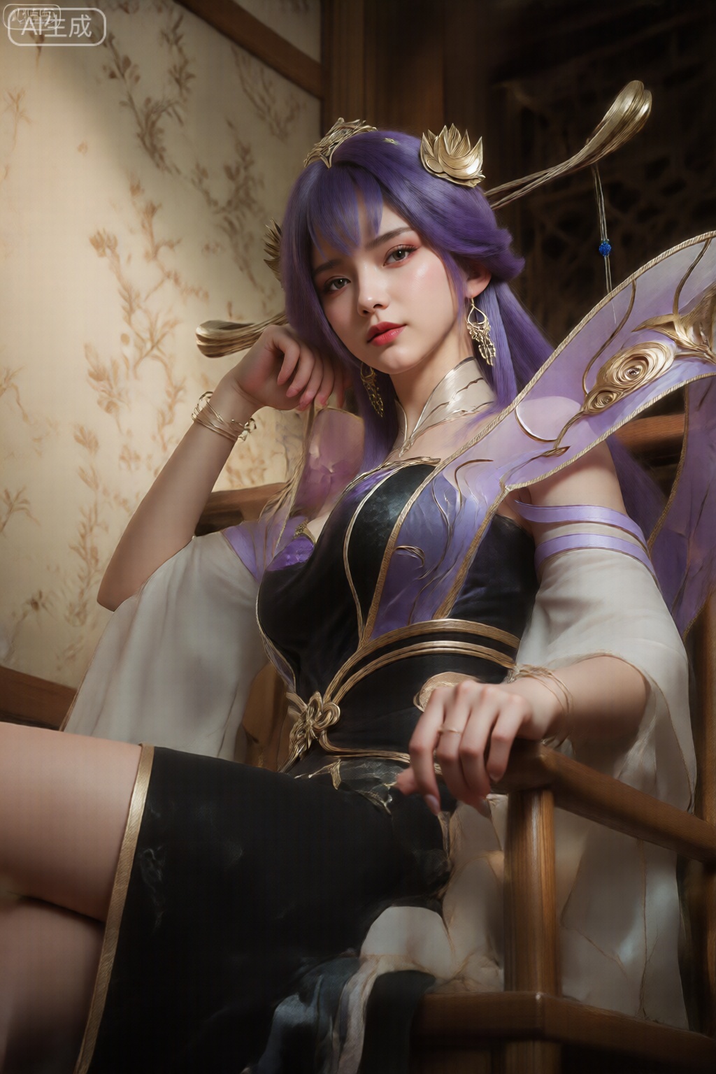 一个有着一头充满活力的紫色长发的人坐在木椅上,手放在椅子的扶手上。他们穿着一套精致的服装,混合了紫色、黑色和白色,并带有复杂的金色点缀。服装包括一件飘逸的白色外衣、一件带有金色镶边的合身紫色内衣,以及背上一个华丽的紫色翅膀状配饰。此人表情平静,佩戴黄金首饰,包括耳环和袖口。背景由一面带有米色和金色色调花卉图案的墙组成。图像中的灯光产生柔和的阴影,增强服装和周围环境的纹理和细节。