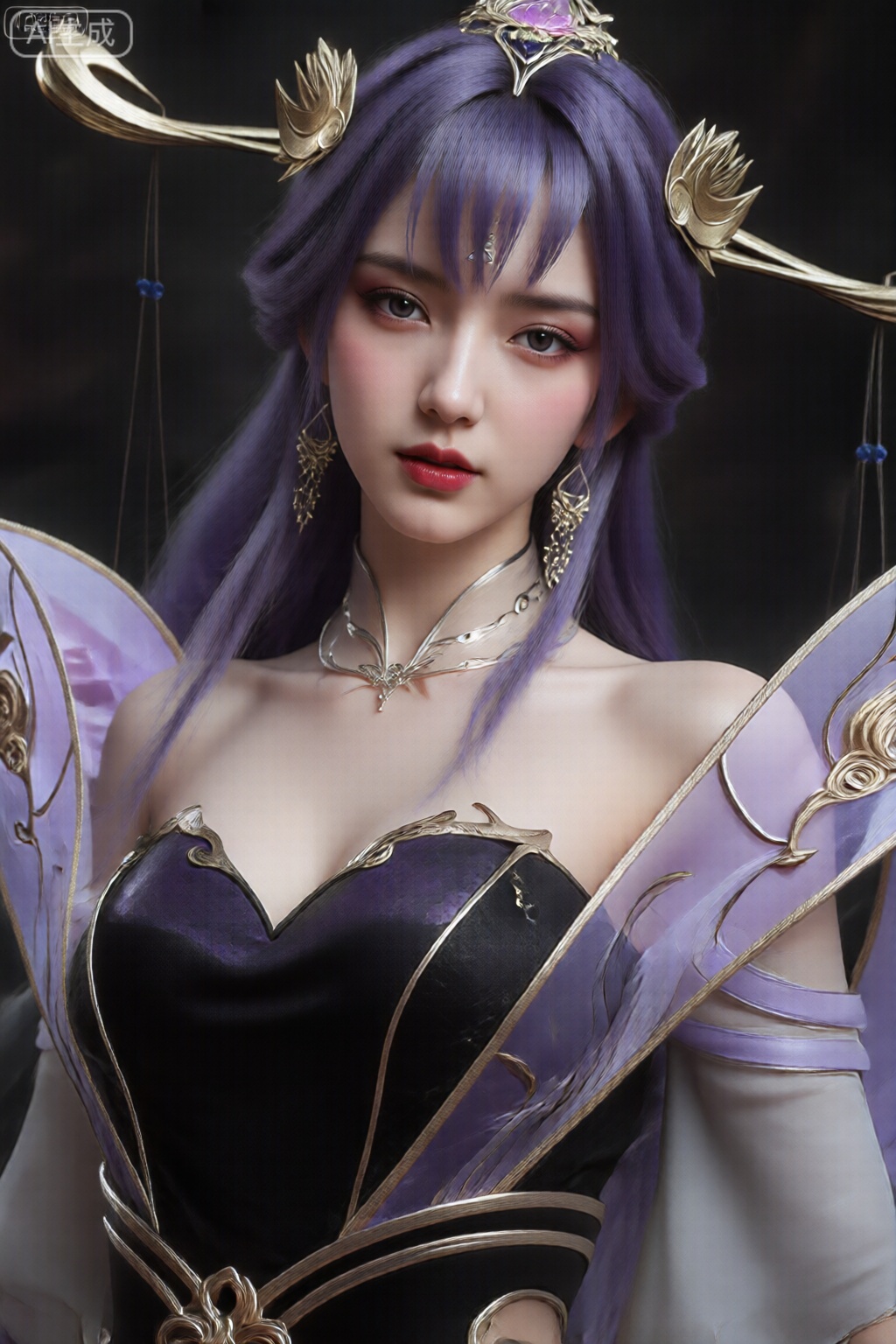 该图像描绘了一个有着长而飘逸的紫色头发的幻想人物。她戴着华丽的头饰,饰有金银元素,包括头上的弧形装饰件。她的服装包括一件带有复杂金色细节的无肩带黑色和紫色连衣裙,以及半透明的紫色翼状结构（或装饰性覆盖物）,金色点缀从她的肩膀延伸出来。她的脖子上装饰着一条带有吊坠的颈链,她的妆容很引人注目,红唇很突出