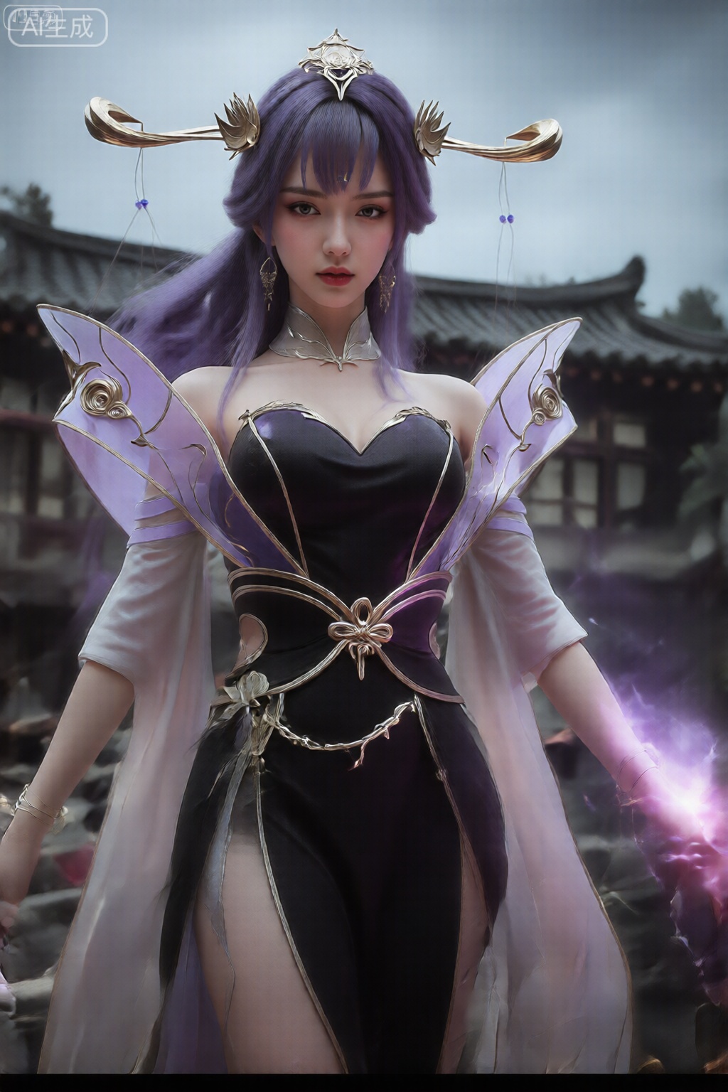 该图像描绘了一个有着飘逸的紫色长发、穿着精致服装的角色。该角色有一个头饰,两侧都有金色的翅膀状装饰。该服装由带有复杂金色和紫色细节的黑色合身紧身胸衣以及延伸至肩膀和手臂的透明白色外层组成。该服装还具有紫色和金色的点缀,包括腰部带有花卉图案的装饰腰带。角色的右手伸出,发出充满活力的紫色光芒,暗示着使用某种形式的能量或魔法。背景是一座传统风格的瓦顶石结构建筑,映衬着阴云密布的天空。整体审美以奇幻为主题,注重优雅和神秘。