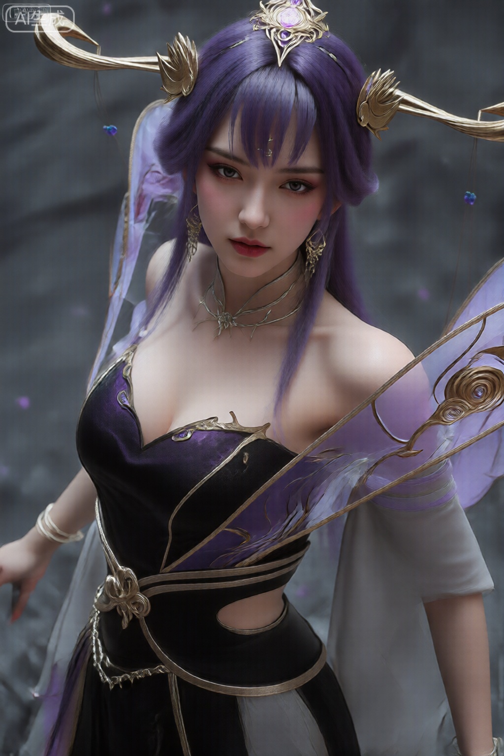 角色有一头长长的、充满活力的紫色头发,戴着金色的翼形头饰和中央的紫色宝石。她穿着一件合身的黑色和紫色连衣裙,上面有精致的金色镶边,腰部有镂空,肩上延伸着一个巨大的虹彩紫色翅膀状配饰。她的脖子上戴着一条精致的蜘蛛网图案项圈,手腕上戴着一个手镯。背景是一个模糊的灰色环境,带有柔和的紫色亮点,暗示着未来或幻想的环境。
