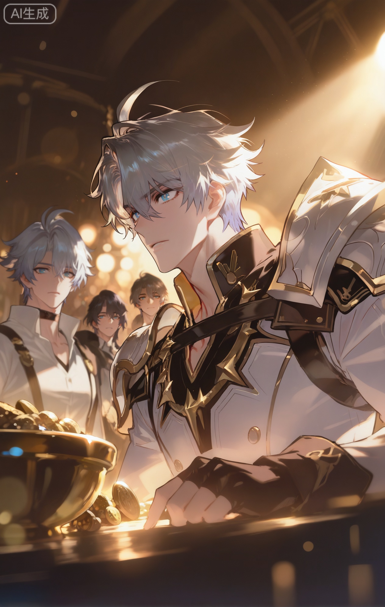 (artist:mazjojo:0.67),(artist:pigeon666:0.83),(artist:zawar379:0.73),(artist:remsrar:0.65),(artist:yoneyama mai:0.72),(artist:chimmyming:0.79),masterpiece,4k,hd,amazing quality,best quality,high resolution,goldenfieldszho,newest,very aesthetic,ultra-detailed,absurdres,perfect lighting,volumetric lighting,(treasure glow),shadowing,(good shadowing),depth of field,lens flare,scenery,amazing aesthetics,cinematic lighting,cinematic,shading,(good shading),counter_shading,







,xiaozhitiao,zhadoiz_style
BREAK
,,,((1boy,phainon (honkai: star rail),white hair,blue eyes,short hair,ahoge,

