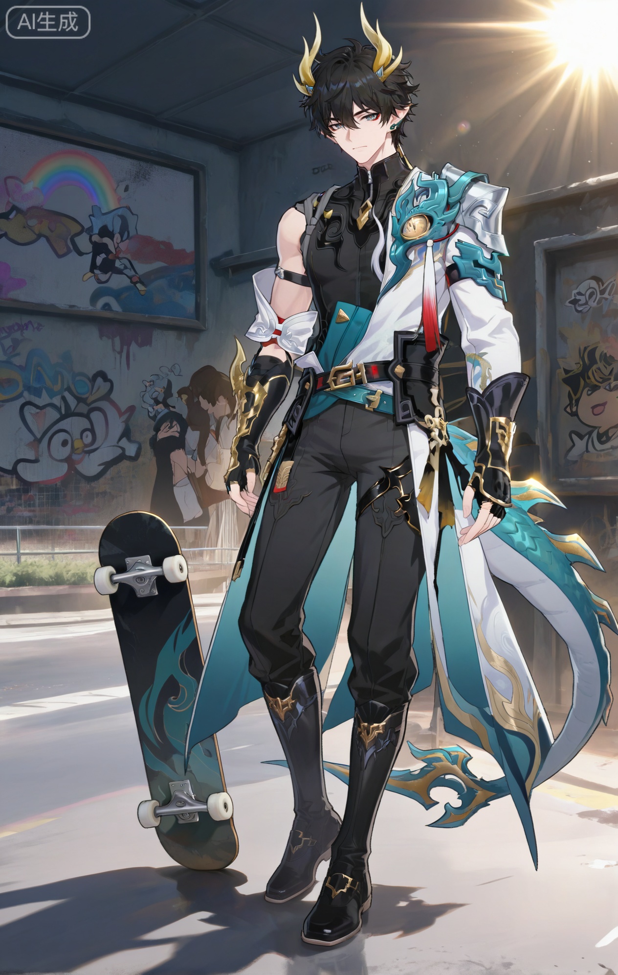 ,xiao zhi tiao,(artist:mazjojo:0.77), (artist:pigeon666:0.70), (artist:zawar379:0.83), (artist:remsrar:0.65), (artist:chimmyming:0.72),masterpiece,best quality,male focus,hd,4kamazing quality,very aesthetic,bust,high resolution,ultra-detailed,perfect lighting,volumetric lighting,,xiaozhitiao,((1boy (dan heng (permansor terrae) (honkai: star rail)),dan_heng,Gray eyes,leg loops,Green Dragon Tail,Black tight fitting clothes,dragon horns,fingerless gloves,pants,belt,pointy ears,horns,boots,earrings,ponytail,jewelry,hair between eyes,black hair,shirt,bangs,long hai

masterpiece, best quality, highres, goldenfieldszho, very awa, newest, absurdres, perfect lighting, , nsfw, yaoi, , male, masculine, (athletic, muscular)

 BREAK,,(11boy, solo, male focus, a white hoodie featuring bright red and orange geometric patterns, white knee - high socks,standing on a skateboard in an empty skate park, ramps and rails in the background, one hand extended for balance,sunlight glinting off the skateboard, graffiti - covered walls, dynamic pose, detailed fabric and skateboard details, full - body view,skate - themed multi - colored hoodie style, energetic color contrast, sunny lighting


BREAK,,danmei,rainbow,xiaozhitiao,Dog ears,Xiaozhitiao,dianmei,Baiwen Card,Black and white,monochrome,Small note art style