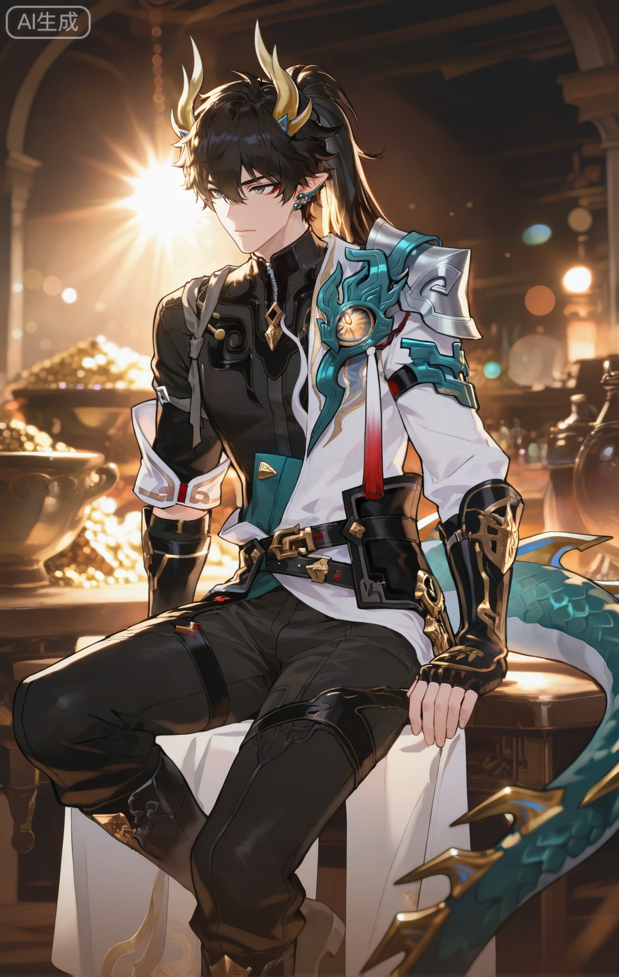 (artist:mazjojo:0.67),(artist:pigeon666:0.83),(artist:zawar379:0.73),(artist:remsrar:0.65),(artist:yoneyama mai:0.72),(artist:chimmyming:0.79),masterpiece,4k,hd,amazing quality,best quality,high resolution,goldenfieldszho,newest,very aesthetic,ultra-detailed,absurdres,perfect lighting,volumetric lighting,(treasure glow),shadowing,(good shadowing),depth of field,lens flare,scenery,amazing aesthetics,cinematic lighting,cinematic,shading,(good shading),counter_shading,







,xiaozhitiao,zhadoiz_style
BREAK
,,,(1boy (dan heng (permansor terrae) (honkai star rail)),dan_heng,Gray eyes,leg loops,Green Dragon Tail,Black tight fitting clothes,dragon horns,fingerless gloves,pants,belt,pointy ears,horns,boots,earrings,ponytail,jewelry,hair between eyes,black hair,shirt,bangs,long hai

